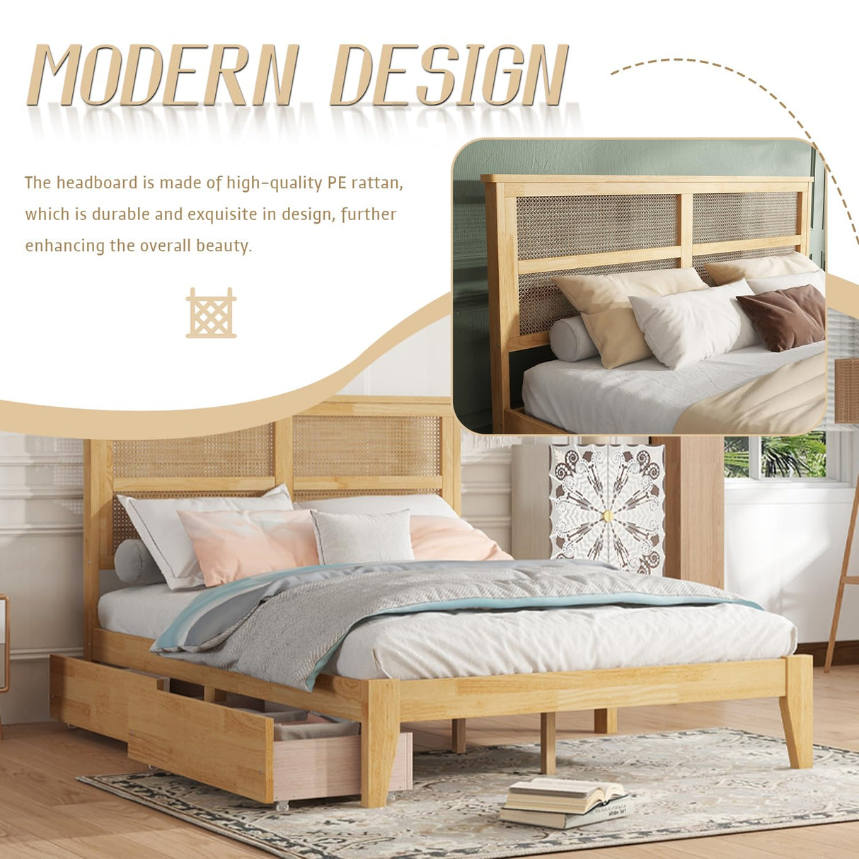 anwickjeff Boho King Size Bed Frame with Natural Rattan Headboard, Wooden Platform Bedframe, Under Bed Spacious Storage, No Box Spring Needed (Natural, King) anwickjeff