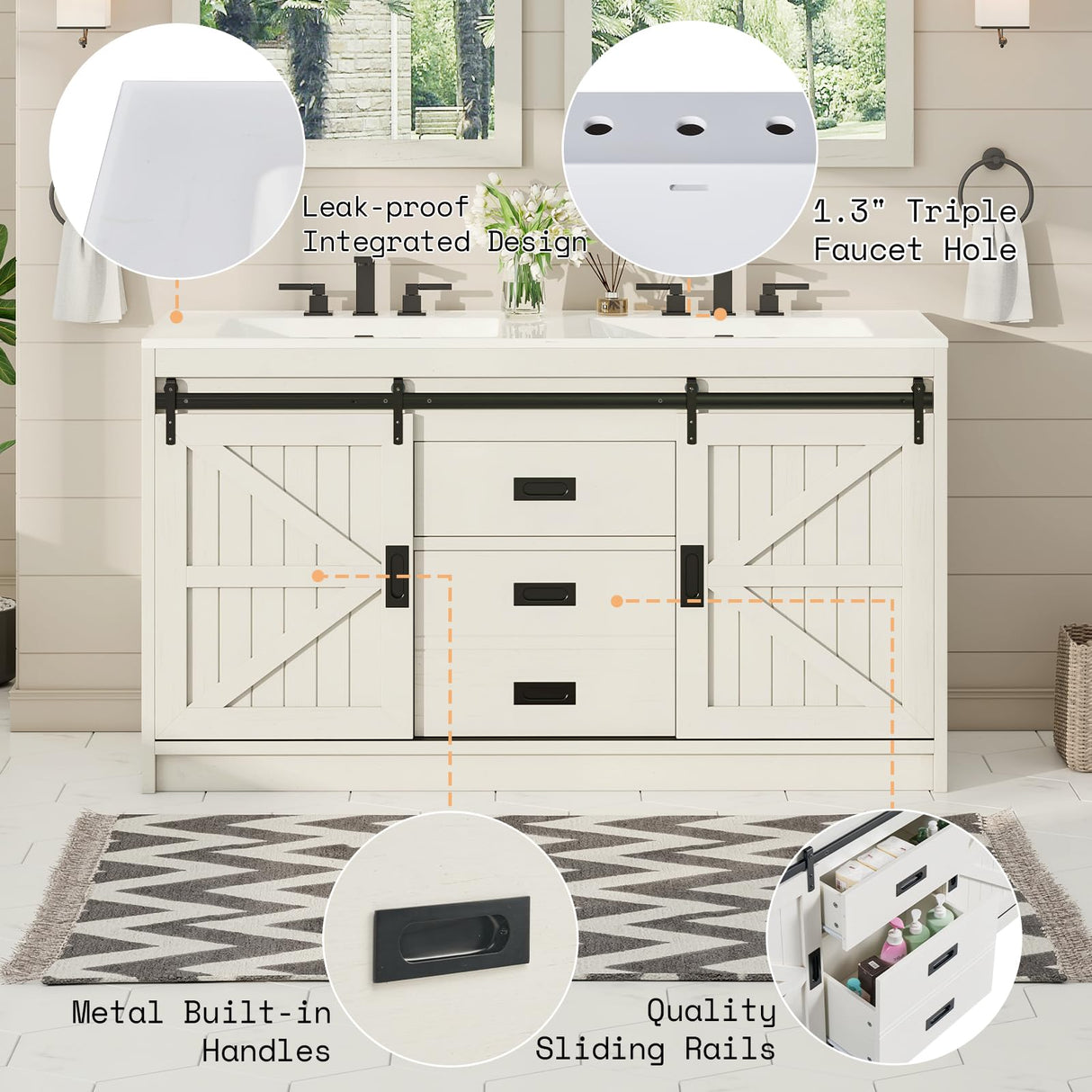 AMERLIFE 61" Farmhouse Double Bathroom Vanity with Sink Combo, Dual Basin Bathroom Storage Cabinet with Sliding Barn Doors & Drawers, Large Double Bath Vanity Sink Set, Rustic White AMERLIFE