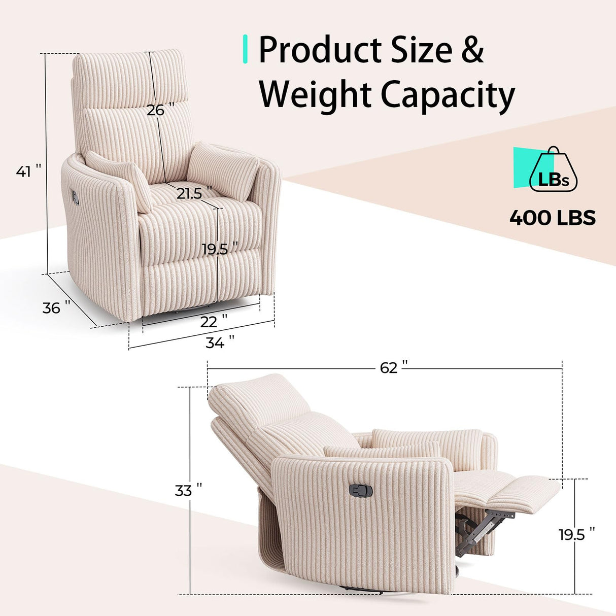 LINSY 360 Swivel Rocker Recliner - Corduroy Nursery Glider Rocking Chair with 2 Pillows, Comfy High Back Adult Recliner for Small Spaces, Nursery Bedroom Living Room Reclining Chairs (Beige) LINSY