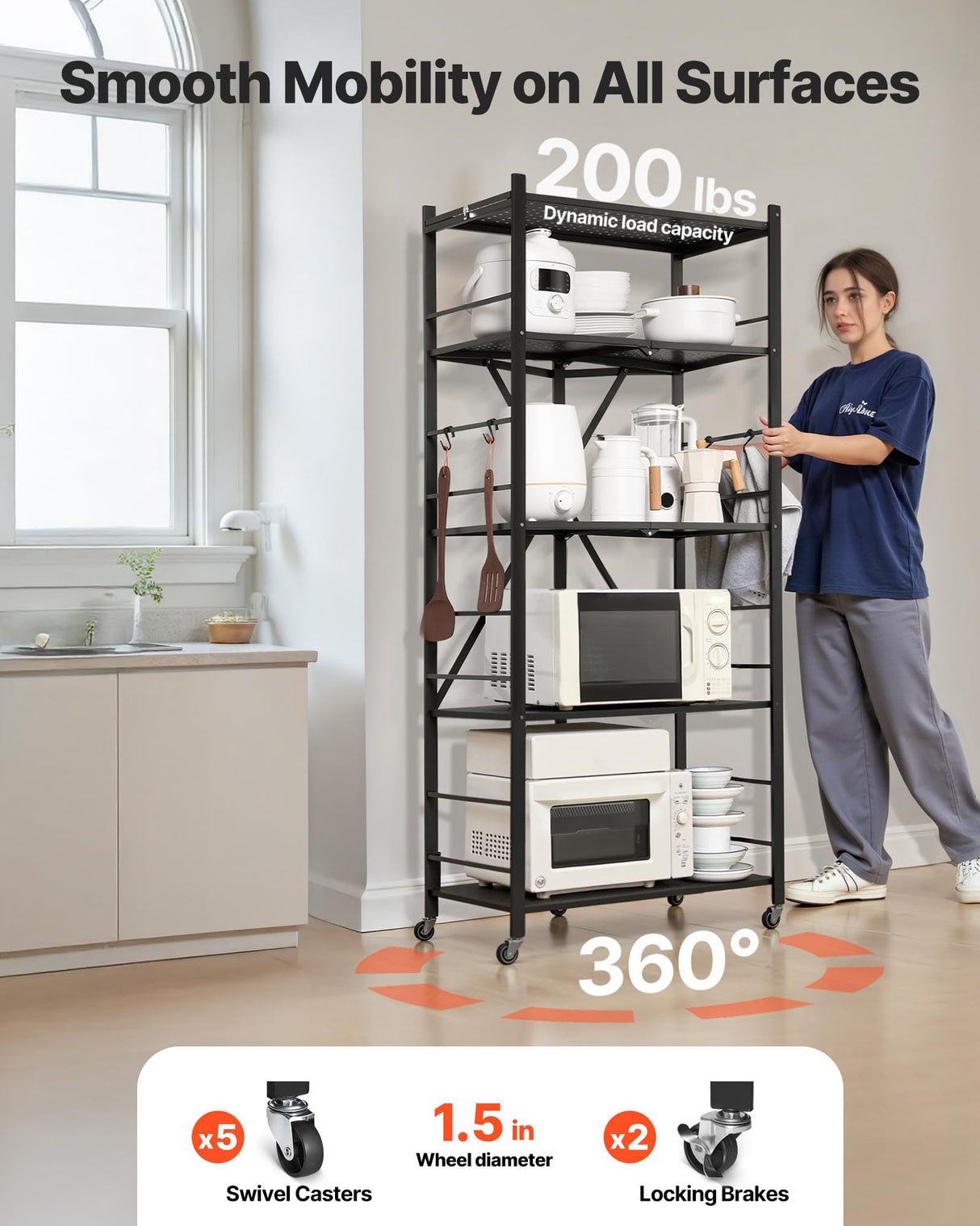 VEVOR 5-Tier Foldable Storage Shelf, 28W x 15D x 64H Inch Folding Metal Rack Shelving Unit, No Assembly Organizer Shelf with 5 Wheels & 4 Hooks for Pantry, Kitchen, Garage, Basement, Black VEVOR