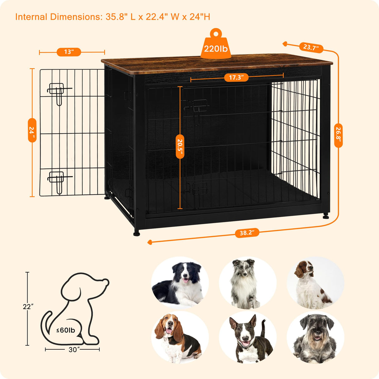 DWANTON Dog Crate Furniture with Cushion, Wooden Kennel Table with Double Doors, Indoor Dog House, Large Size, 38.5" L, Black+Rustic Brown Dwanton