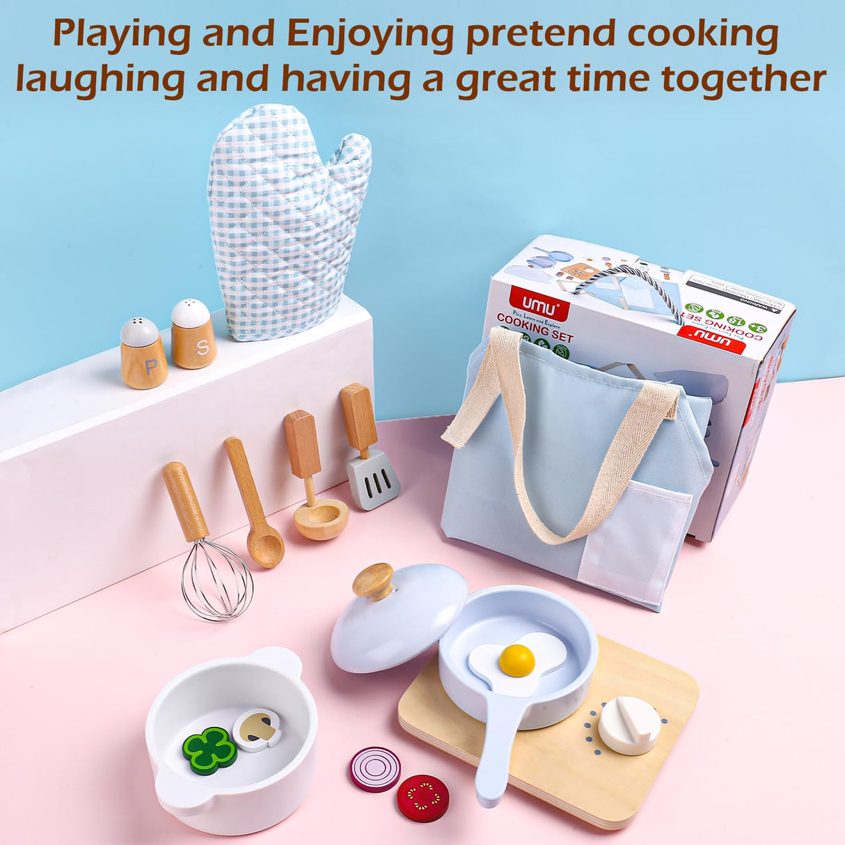 Wood Kids Play Kitchen Accessories Set, Pretend Play Cooking Toys Set, Kitchen Toys Playset for Toddlers, Toy Pots and Pans for Kids Kitchen with Fake Play Food Cookware, Girls Boys Gift umu