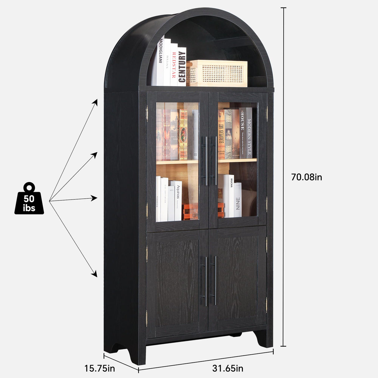 71" Farmhouse Tall Arched Pantry Storage Cabinet, Display Cabinet with Glass Doors,China Cabinet,Curio Cabinet, Bookshelf&Bookcase with Doors, Kitchen、 Dining Room、 Living Room Furniture, Black FUSUNBAO