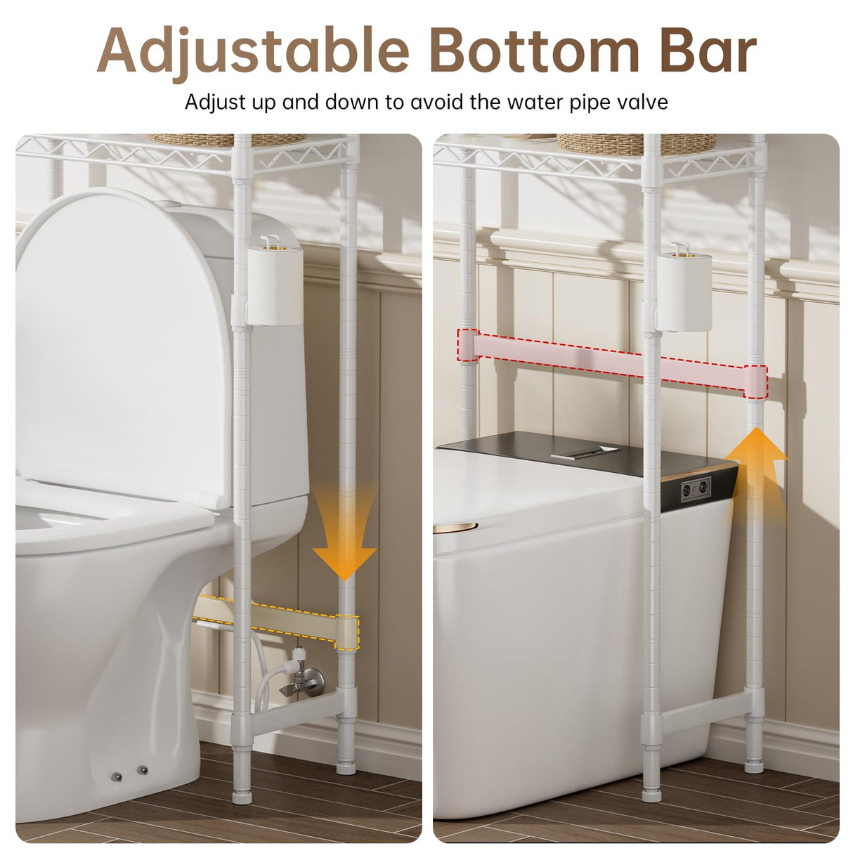 Over The Toilet Shelf,3-Tier Adjustable Freestanding Metal Bathroom Organizer Shelves with Toilet Paper Holder & Hooks,Space-Saving for Narrow Small Bathroom,10”D x 24”W x 66”H,White Golpart