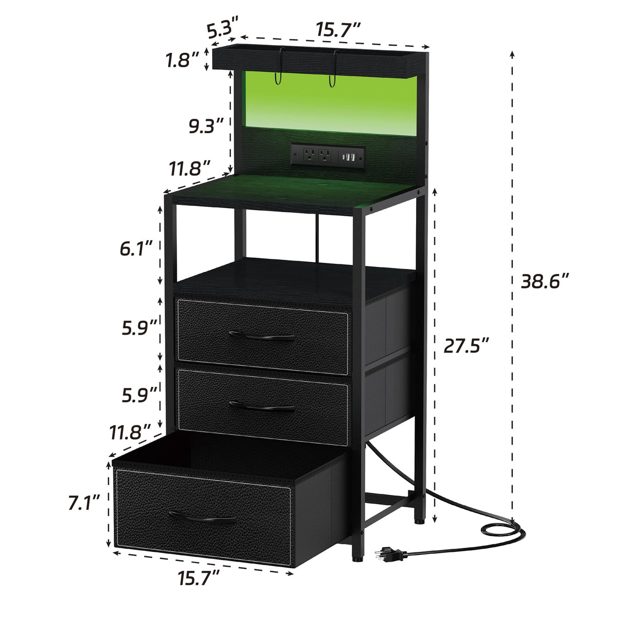 SZLHANJZ LED Nighstand with Charging Station, Dresser Nightstand with 3 Drawers and LED Lights, Storage Side Table with 3 Shelf and Hooks, Bedroom End Table for Bedside, Modern Black SZLHANJZ