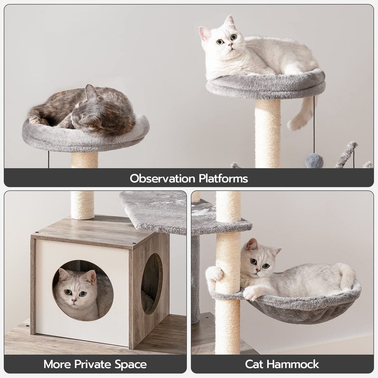 HOOBRO Cat Tree with Litter Box Enclosure & Scratching Posts for Indoor Cats, All-in-One Wooden Cat House Furniture, Cat Condo with Hammock, Detachable Teaser Sticks, Greige BG14MZ03 HOOBRO
