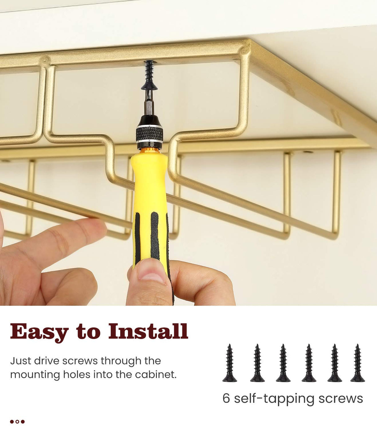 Nuovoware Wine Glass Rack - Under Cabinet Stemware Wine Glass Hanger Rack Holder for Bar Kitchen Cabinet, 3 Rows - Gold Nuovoware