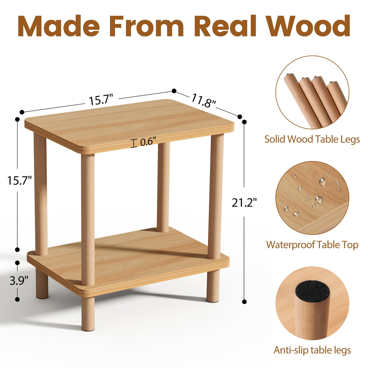 2 Tier End Table Low Table with Solid Wood Legs, Small Coffee Table Side Table, Boho Bedside Table with Storage Shelf, Nightstand for Small Spaces, Bedroom, Living Room, Entryway, Farmhouse, Natural
