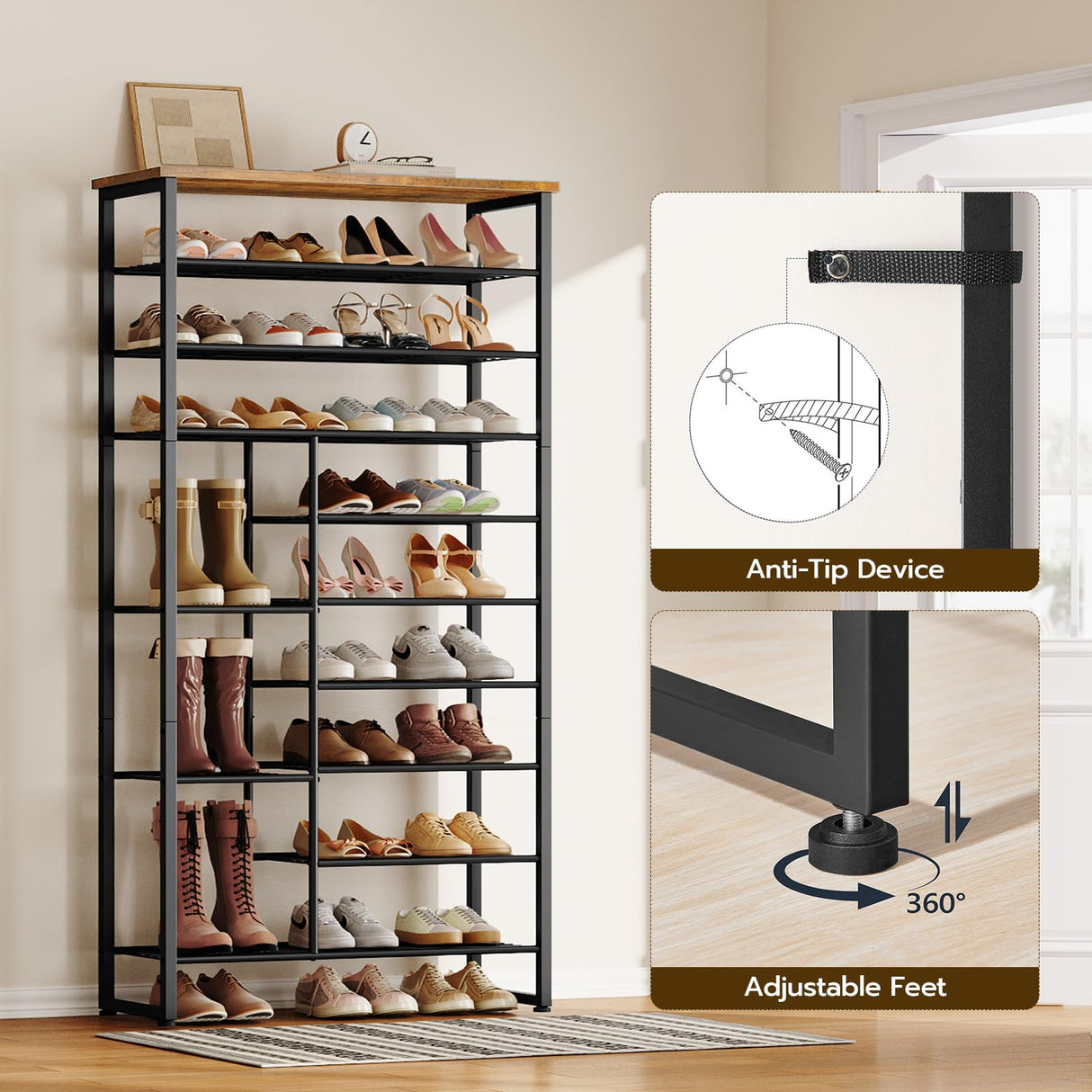 HOOBRO Shoe Rack, 10-Tier Shoe Shelf with Boots Storage, Large-Capacity Shoe Storage Organizer for Entryway, for 27-30 Pairs of Shoes, Hallway, Dorm Room, Rustic Brown and Black BF172XJ01 HOOBRO