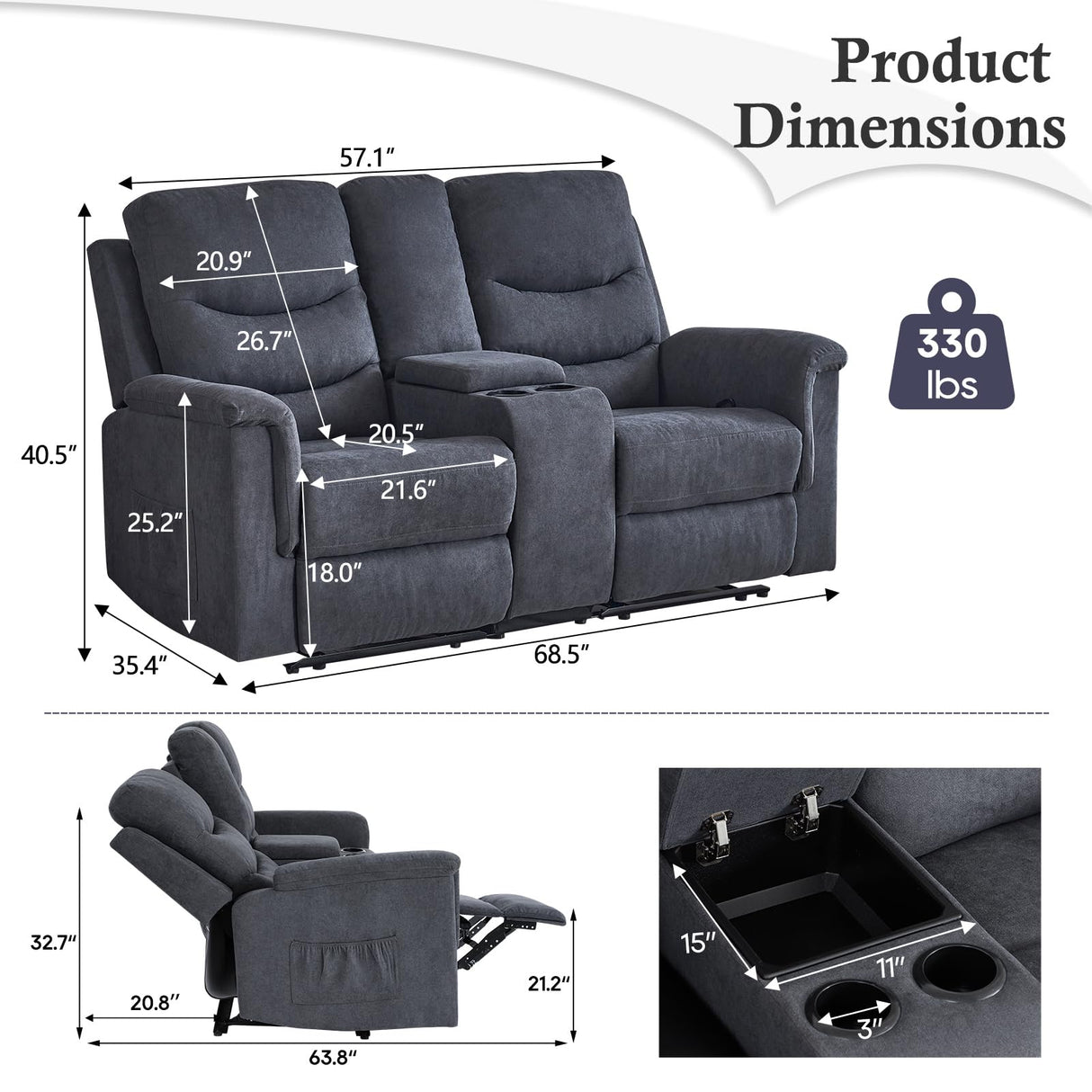 Consofa Reclining Loveseat with Console, Wall Hugger Love Seat Recliner RV Theater Sofa, Double Recliner Loveseat with Cup Holder and Side Pocket for Living Room (Gray) Consofa