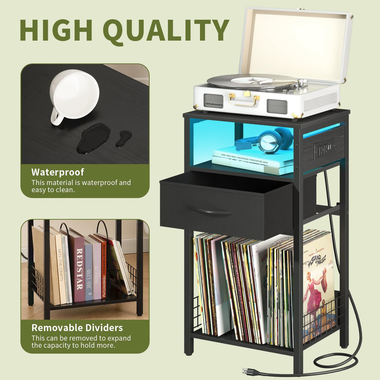 Yoobure Side Table - Night Stand with Charger Station & LED Light, 3 Tier Small End Table Living Room, Bedside Table with Drawer, Record Player Stand with Vinyl Storage, Black Nightstand for Bedroom Yoobure