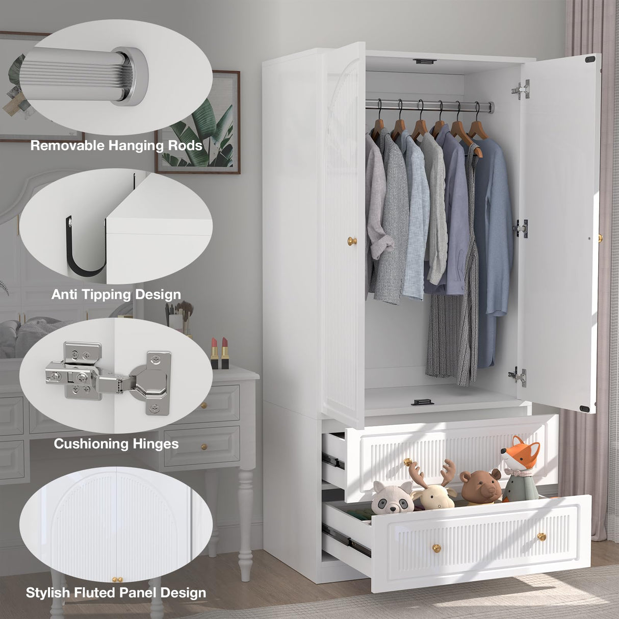 Wardrobe Closet with 2 Door & 2 Drawer, 71" White Bedroom Wooden Armoire with Hanging Rod, Freestanding Large Capacity Clothing Wardrobe Cabinet w/Gold Handles for Bedroom Buenhomino