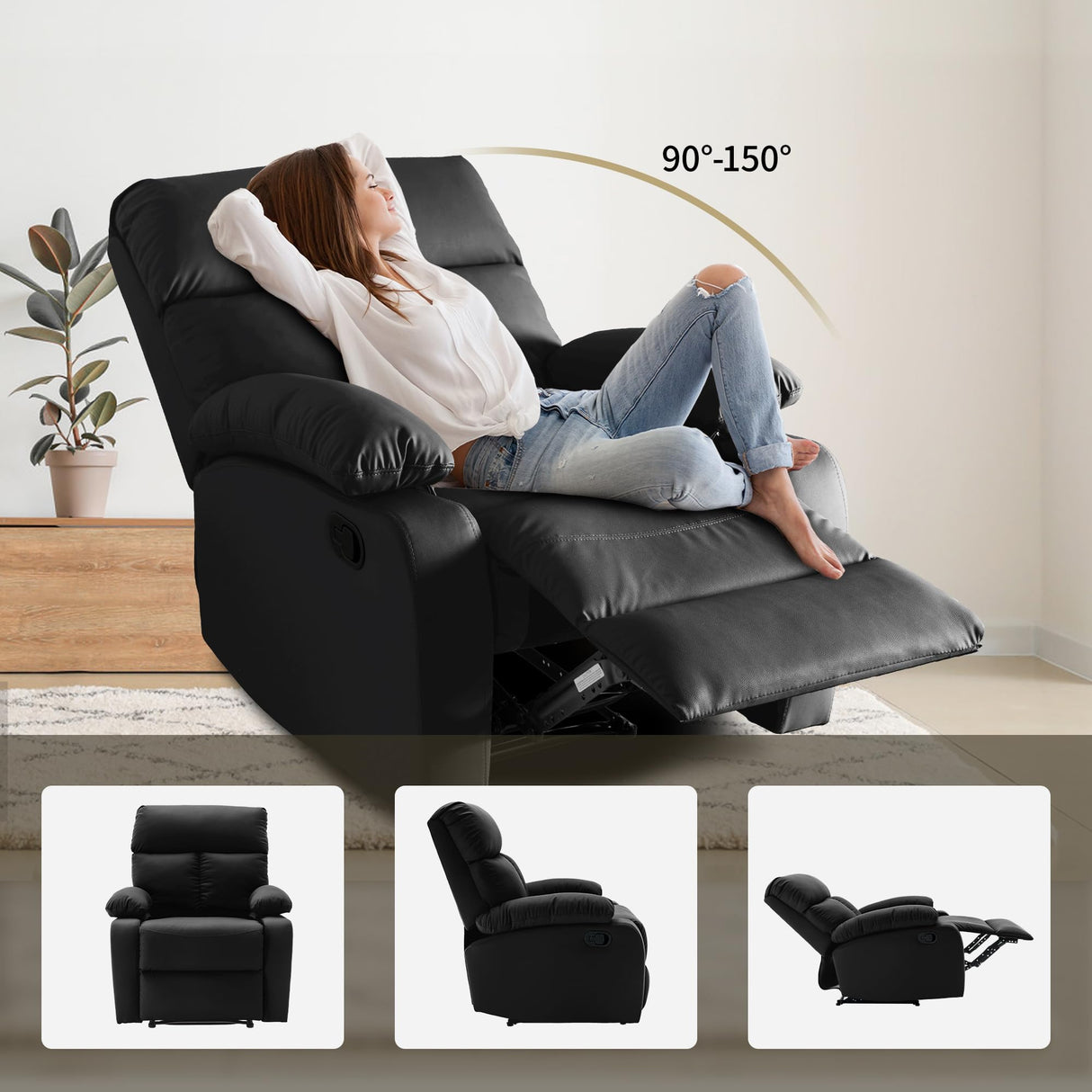 GNMLP2020 Manual Recliner Chairs for Adults, Anti-Scratch Leather Single Sofa Recliner Chairs,Small Recliner Chair for Small Space, RV, Living Room, Black GNMLP2020