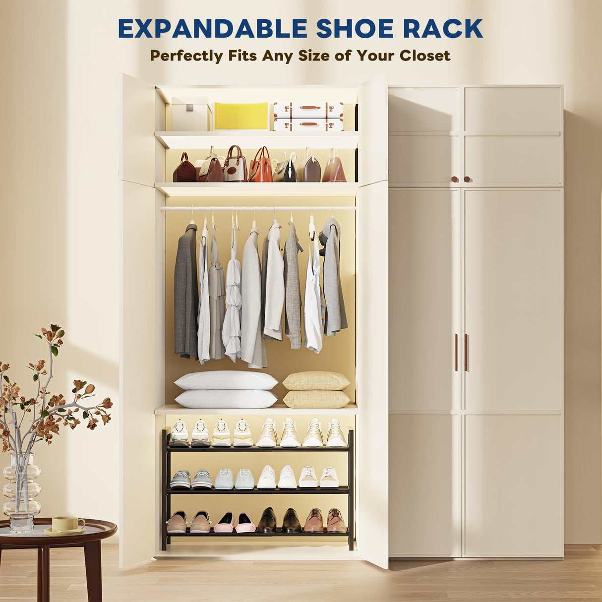 Mavivegue Expandable Shoe Rack for Closet, 3-Tier Shoe Organizer, Adjustable Shoe Rack for Front Door Entrance, Entryway Mavivegue