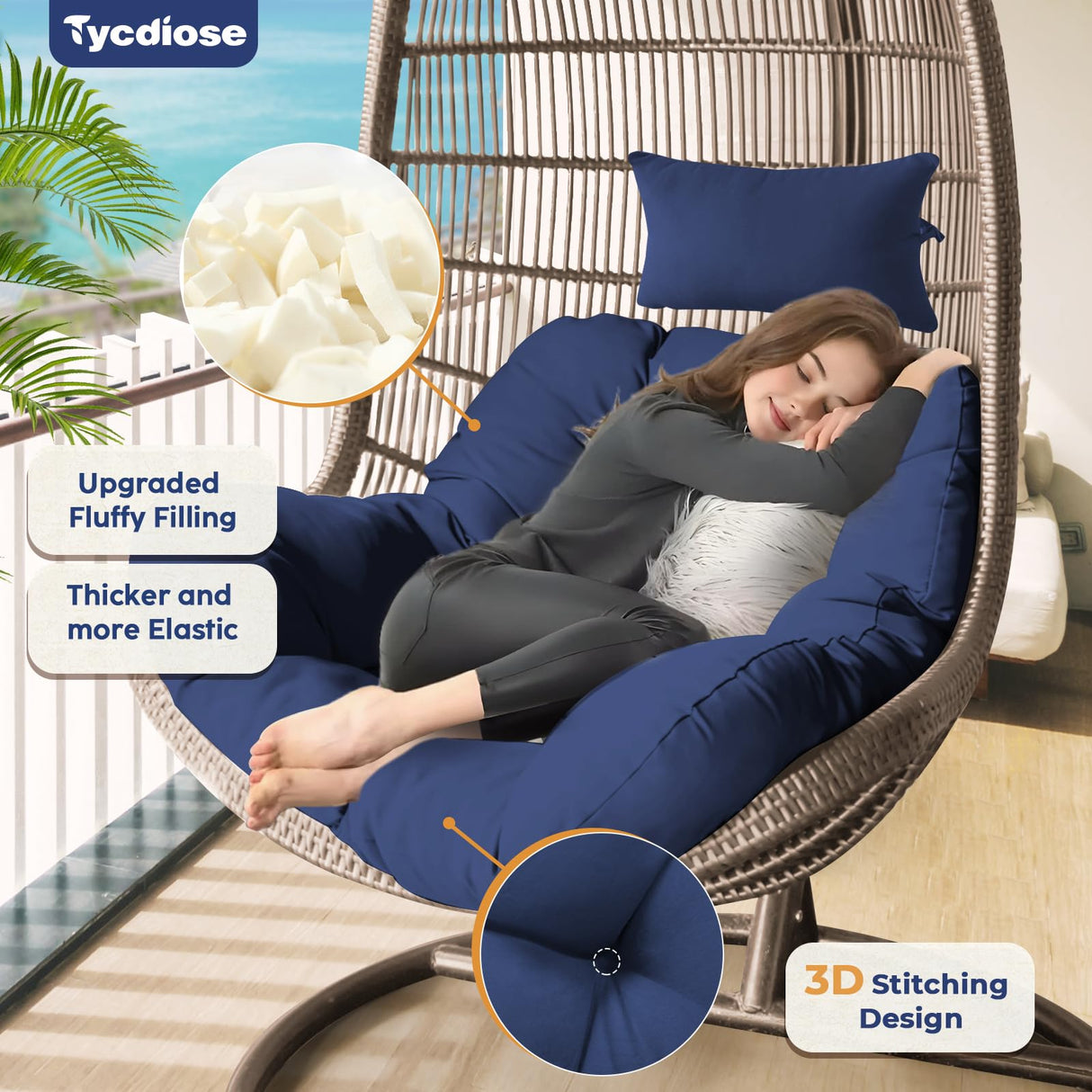 Tycdiose Outdoor Hanging Egg Chair Cushion Replacement, Thicken Egg Chair Cushion Waterproof Basket Eggs Chairs Cushion with Headrest Pillow, U-Shaped Cushions for Hanging Eggs Chairs Swing (Blue) Tycdiose