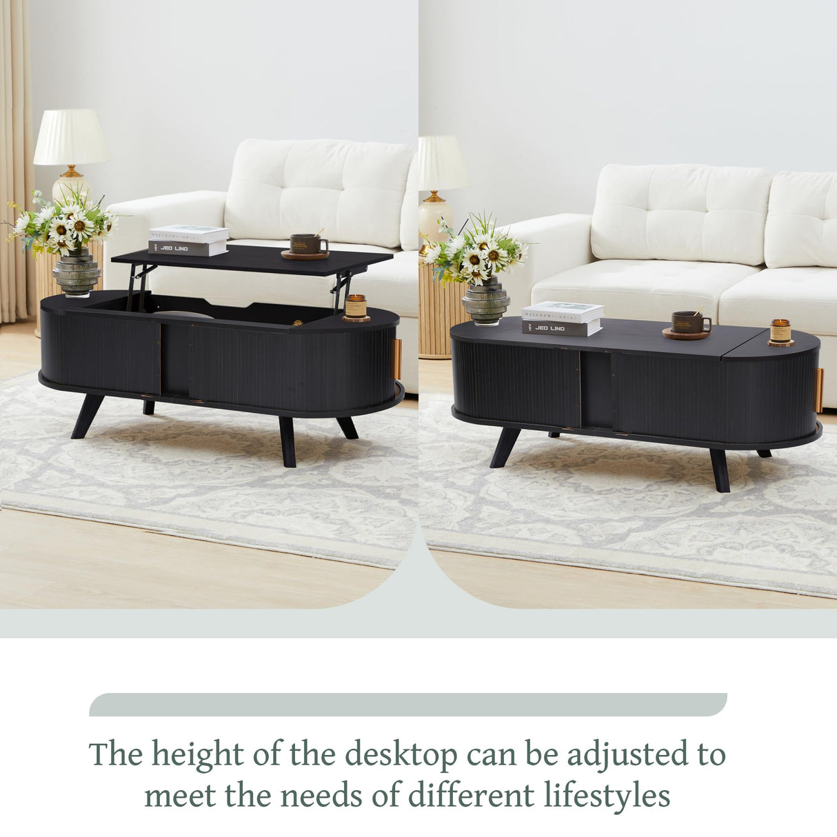 Janmer Home Small Lift Top Coffee Table with Sliding Tambour Door, 47.3" Mid Century Modern Curved Coffee Table with Storage, Oval Center Table with Lift Tabletop for Living Room (Doors, Black) Janmer Home