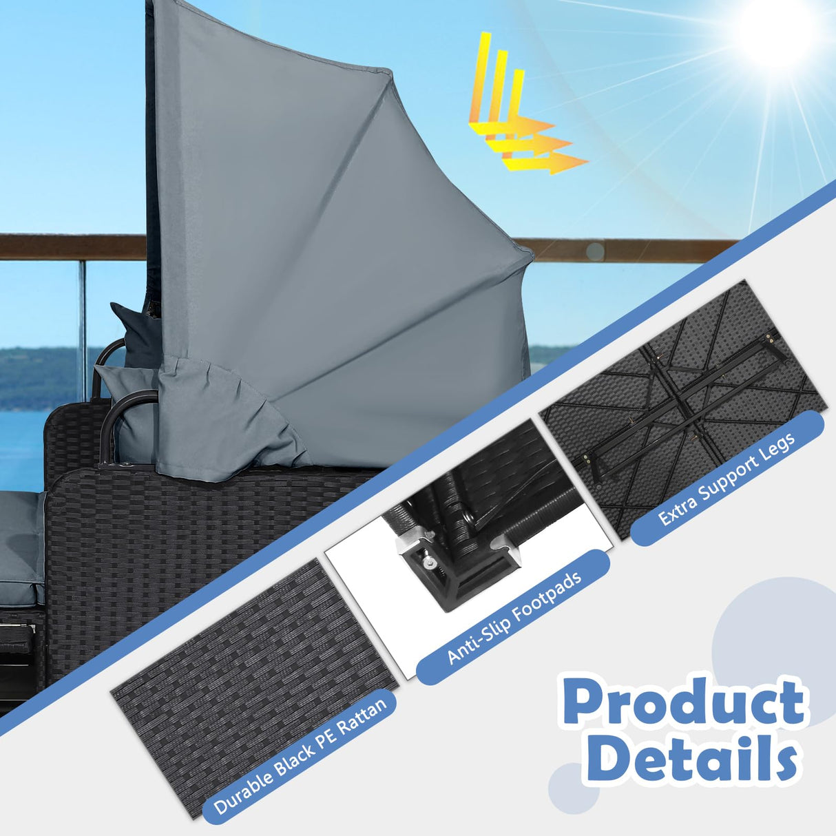 Salches Outdoor Rattan Daybed with Retractable Canopy, High-Resilient Soft Cushions, Foldable Side Trays, Outdoor Bed Loveseat for Garden, Backyard, Porch (Gray) Generic