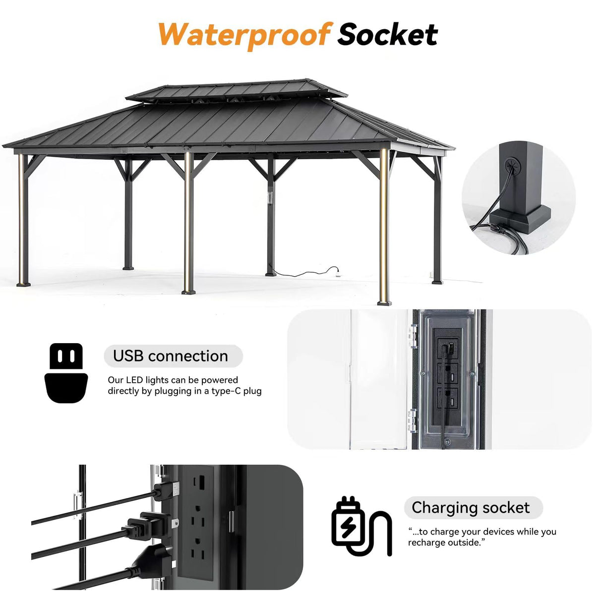 Modern Shade Hardtop Gazebo 12' x 20' Gazebo with 6 LED Lights, Outdoor Gazebo with Galvanized Steel Double Roof, Metal Gazebo with USB & USB-C Charging Port Deck, Netting and Curtains for Patios Modern Shade Outdoor Living Spaces