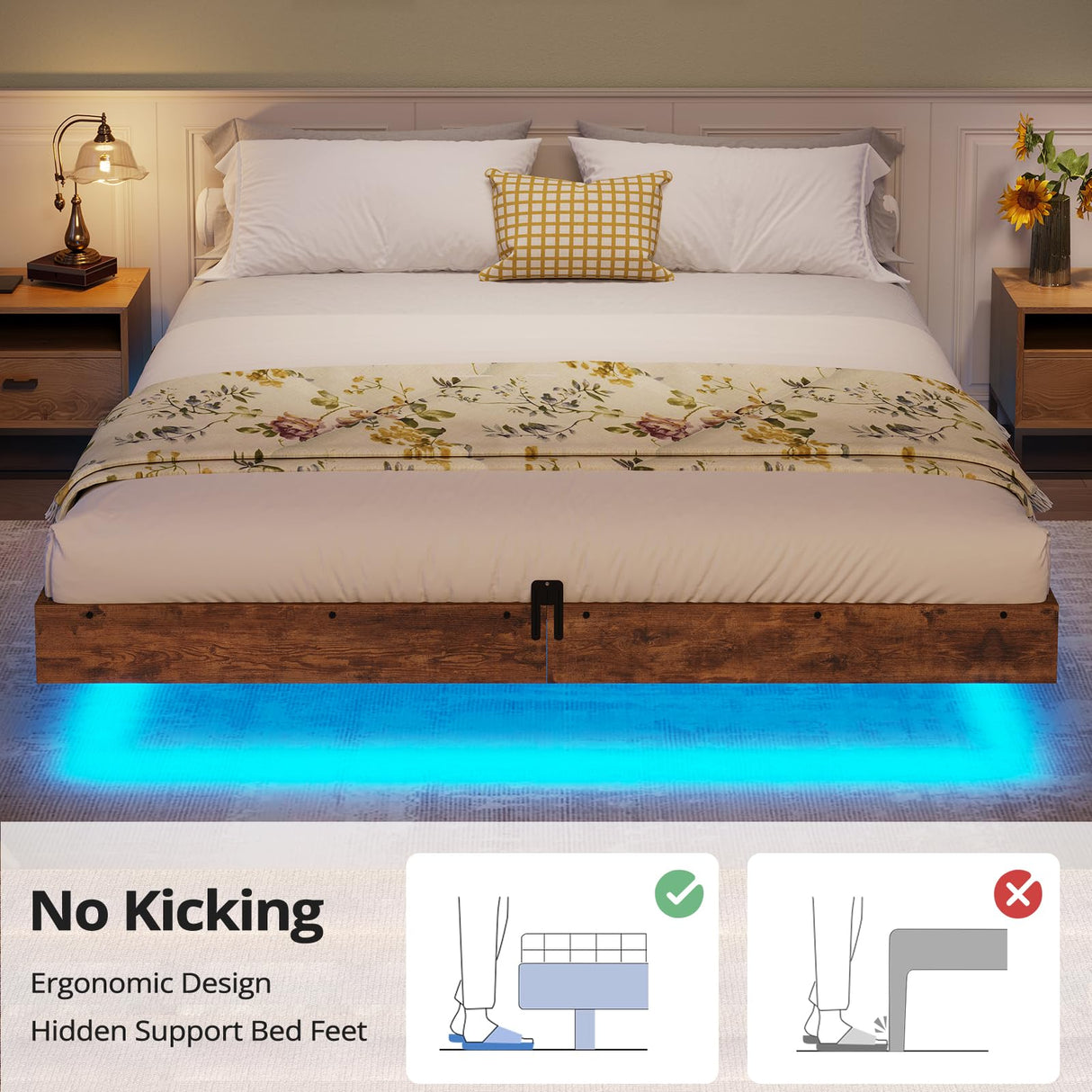 BTHFST Queen Size Floating Bed Frame with LED Lights - Industrial Style Wooden & Metal Platform Bed, Noise-Free & Easy Assembly BTHFST
