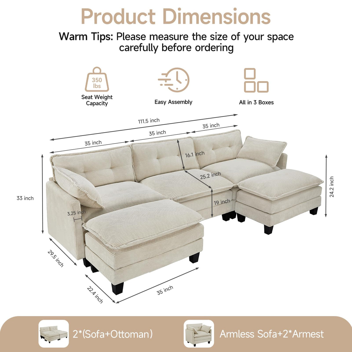 Amsleekey Modular Sectional Sofa, 111.5" U-Shaped Corduroy Comfy Sectional Couches for Living Room, 3-Seater Cloud Couches with 2 Movable Ottomans, Flexible Combination Modern Deep Seat Sofa (Beige) Amsleekey