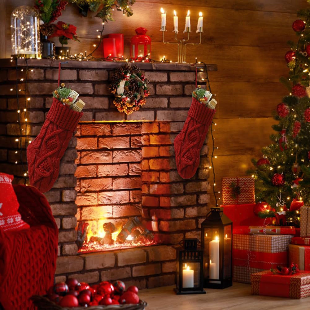 Meiosuns Christmas Stockings Cable Knit Stocking Christmas Decorations Goodie Bags Gift Fireplace Xmas Tree Stocking Ornaments for Holiday Family Friends (Burgundy, Length 18", Pack of 1) Meiosuns