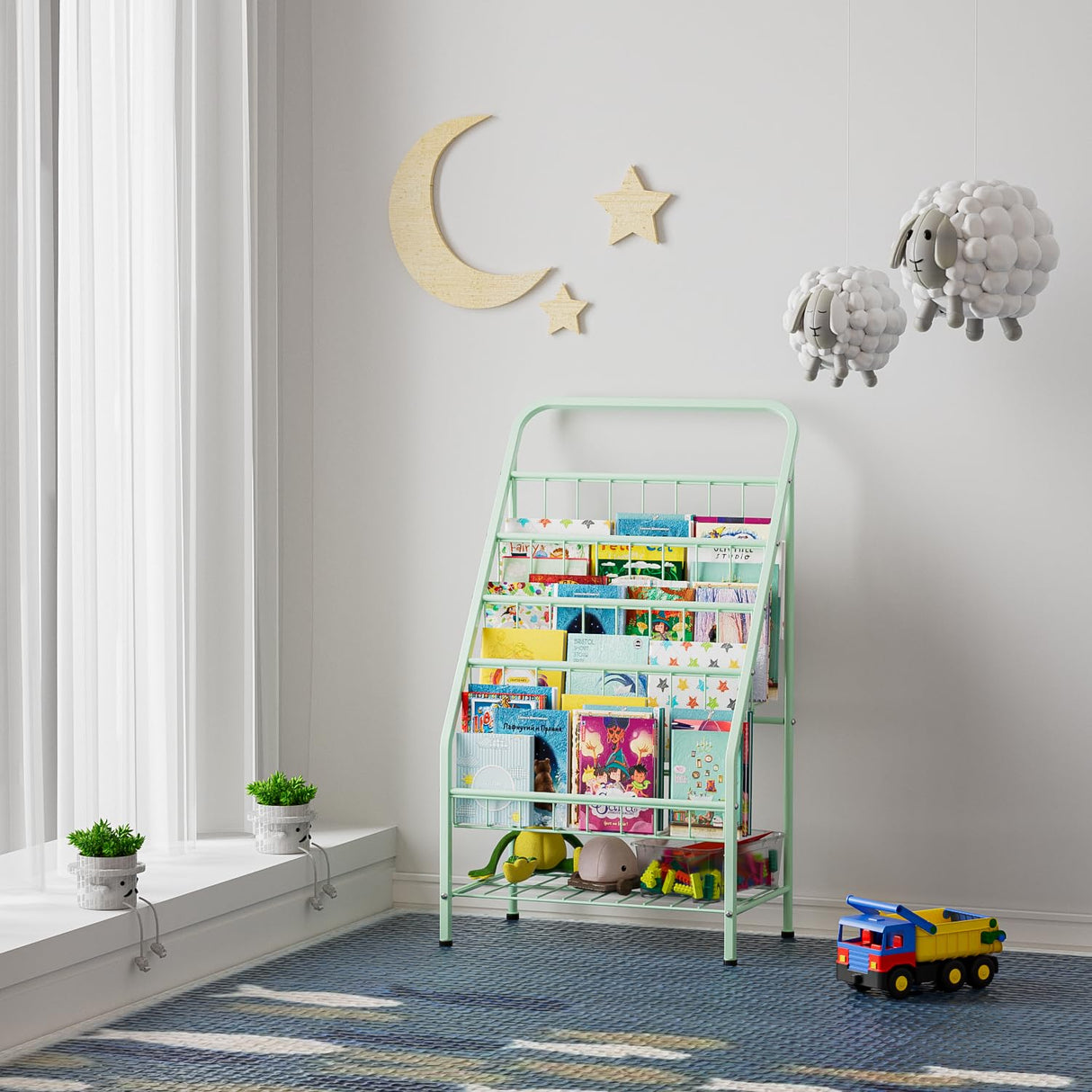 JAQ Kid Bookshelf, 4-Tier Metal Sling Kids Display Bookshelves Bookcase with Toy Storage in Baby Corner Library Room Classroom Playroom for Toddlers Nursery Children (4-tier/28.35inch, Green) JAQ