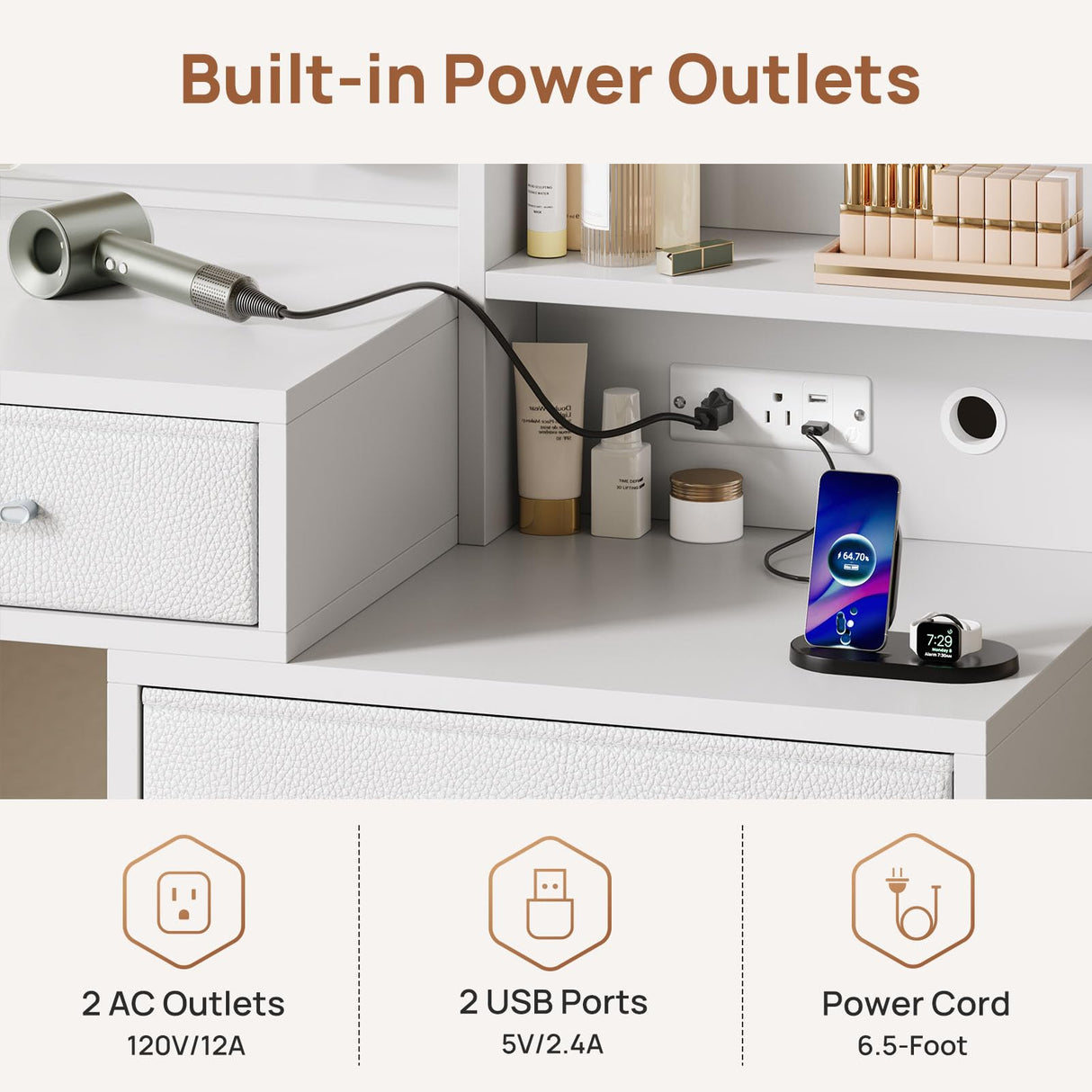 Rolanstar Vanity Desk with Lighted Mirror & Power Outlet, Makeup Vanity with RGB Storage Cabinet, 6 Fabric Drawers & 3 Shelves, 3 Color Modes Dressing Table for Bedroom, Girls, Women, White Rolanstar