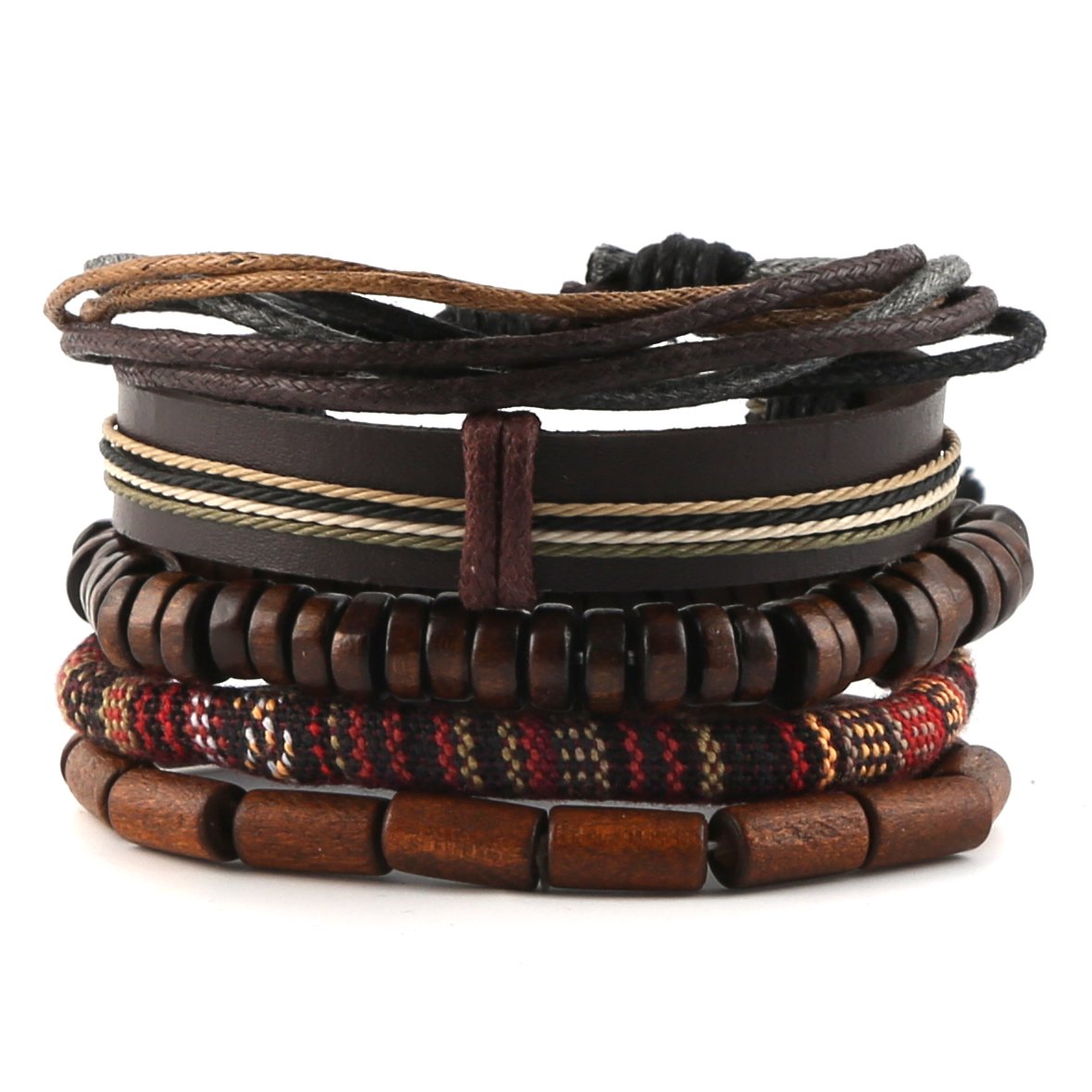 HZMAN Mix 5 Wrap Bracelets Men Women, Hemp Cords Wood Beads Ethnic Tribal Bracelets, Leather Wristbands HZMAN