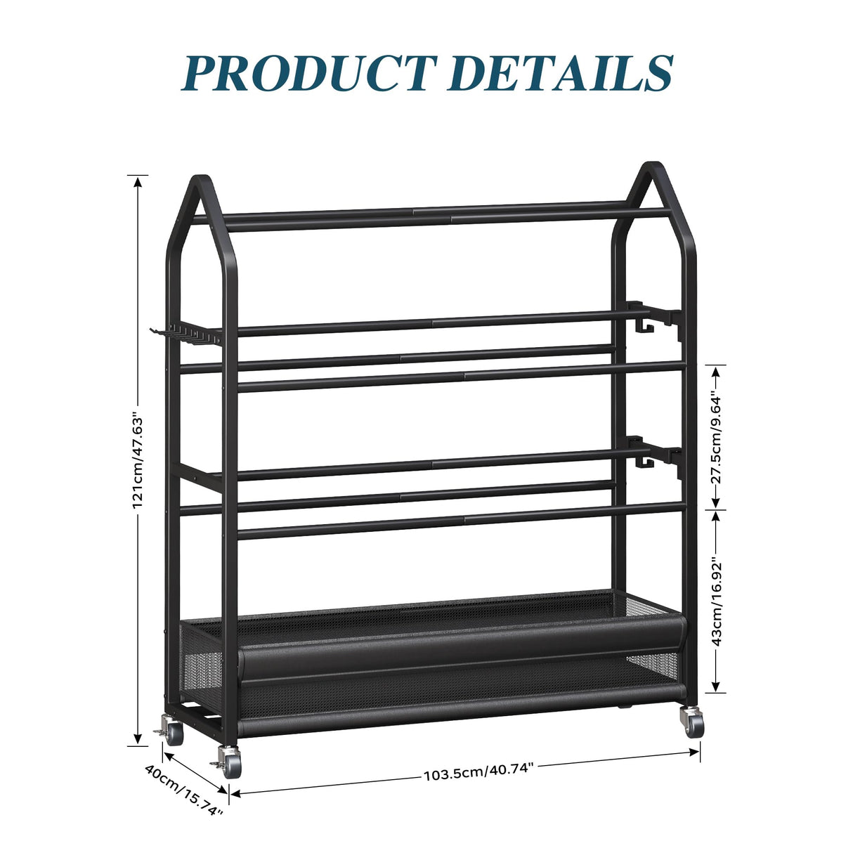 Homeiju Sports Equipment Organizer, Ball Storage Rack, Garage Sports Gear Rack with Wheels and Hooks, Indoor/Outdoor Shelf Rack for Sports Gear, Black Homeiju