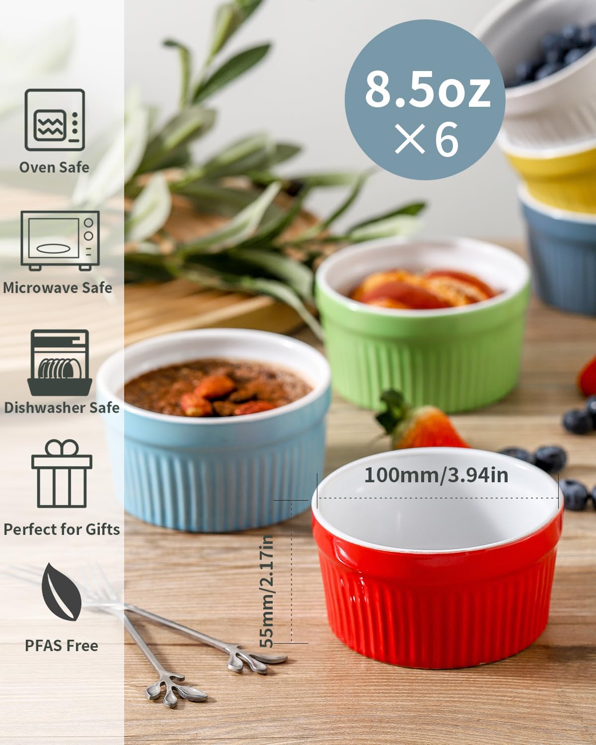 Hasense Ramekins Oven Safe, 8 oz Ramekins for Baking Souffle Ramekins Set of 6, Ceramic Dipping Sauce Cups for Pudding, Ice Cream, Custard, Dessert Bowls Porcelain, Dishwasher Safe, Multi color Hasense