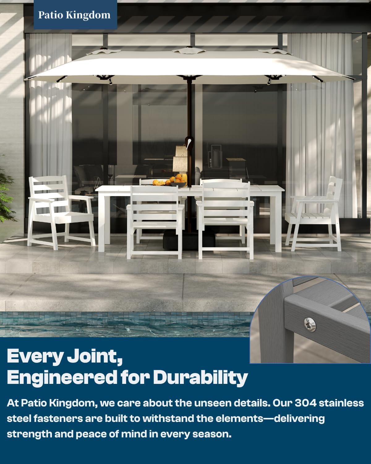 Patio Kingdom 9-Piece Outdoor Dining Set for 8, 75.2" HDPE Table with Umbrella Hole & 8 Chairs, All-Weather Patio Furniture for Lawn, Yard, Deck, or Poolside, Fade & Crack Resistant (White) Patio Kingdom