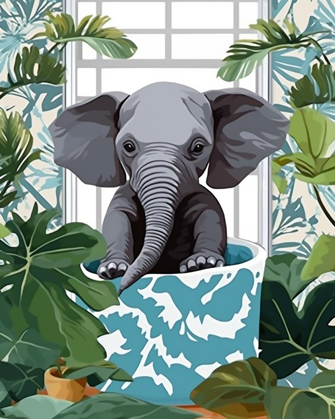 Funny Bathroom Paint By Bumbers for Adults Elephant in Bathtub DIY Paint by Numbers Acrylic Paint Canvas Room Decor Green Leaves Painting Kits Cute Elephant Bathroom Art 16x20 Inch(without Frame ) Tucocoo