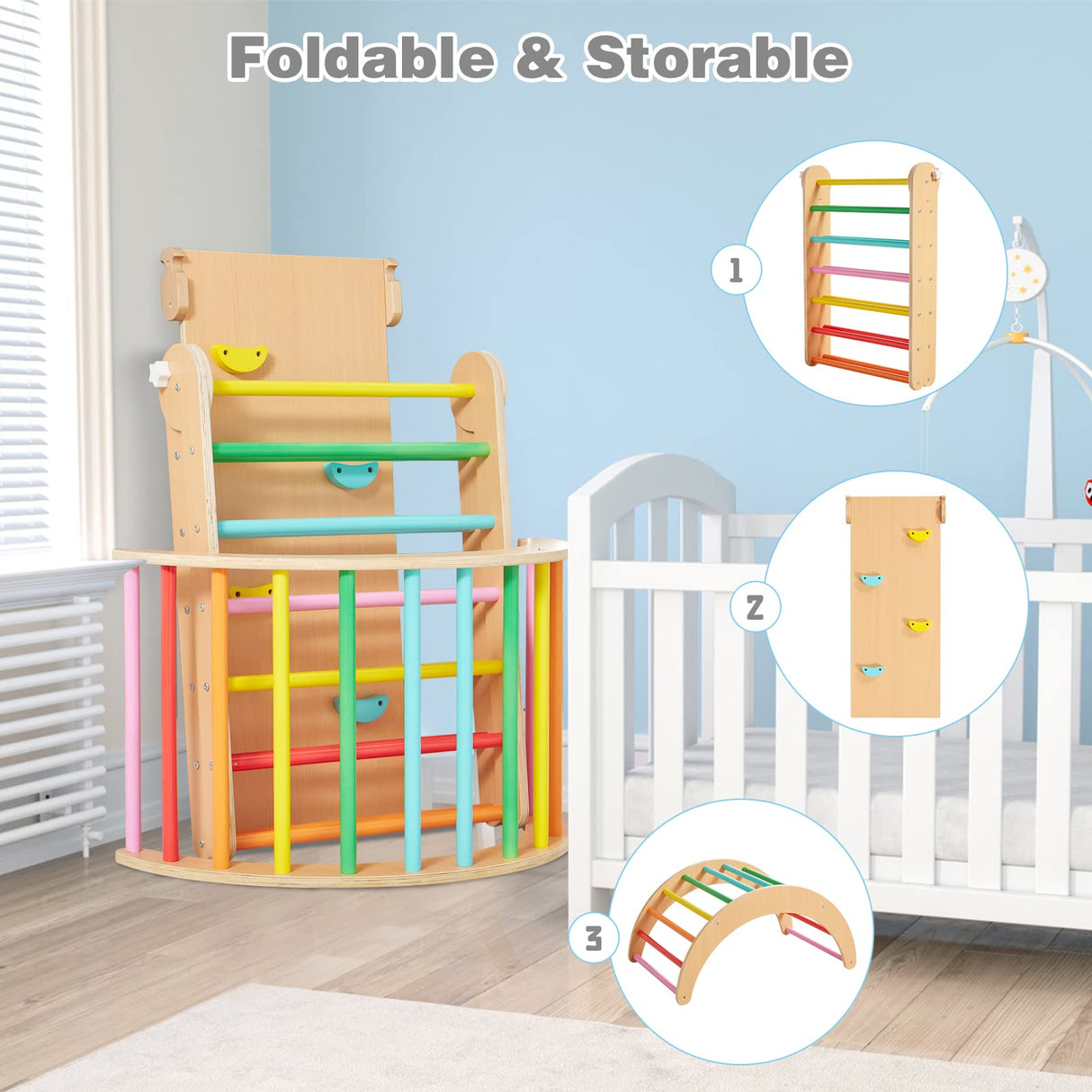 Beright 4 in 1 Pikler Triangle Gym, Montessori Foldable Climber with Ramp, Indoor Climbing Toys for Kids, Climbing Triangle for Toddlers Arch Climber, Rocker, Learning Waldorf Children Toy, Rainbow Beright