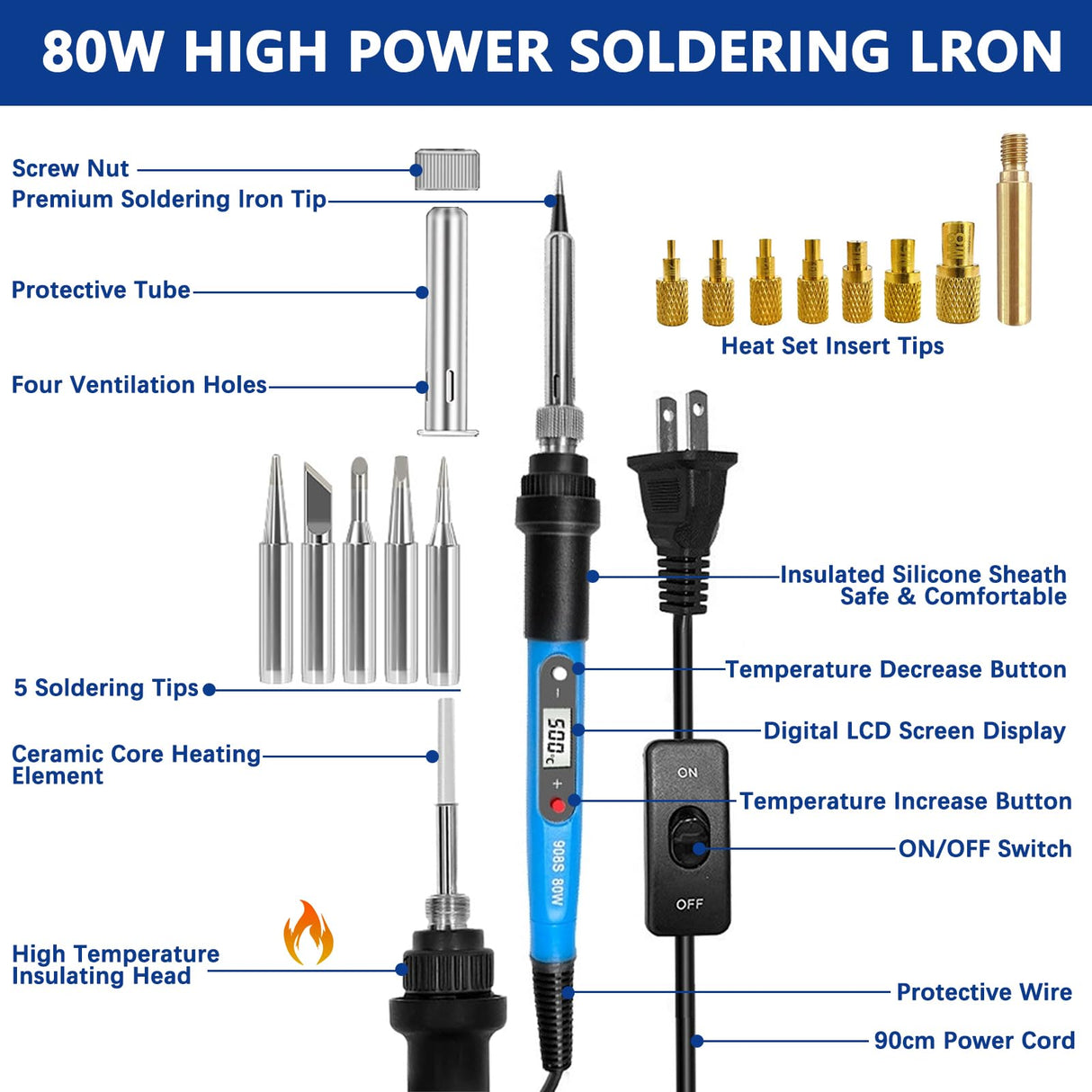 Soldering Iron Heat Set Insert Tool, 80W 110V LCD Digital Soldering Welding Iron Kit with Iron Tips and Heat Set Insert Tips, 16-in-1 Adjustable Temperature 180-500℃ Solder Kit, Blue Lunamor