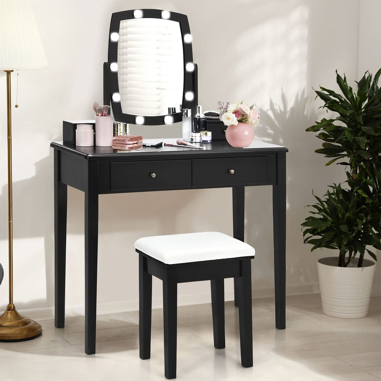 CHARMAID Vanity Table Set with Lighted Mirror, 10 LED Bulbs Adjustable Brightness, 4 Drawers 2 Dividers, Modern Bedroom Makeup Desk Dressing Table with Cushioned Stool for Girls Women (Black) CHARMAID