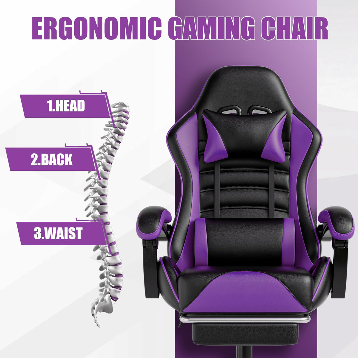 Gaming Chair, Computer Chair with Footrest and Lumbar Support, Ergonomic Video Game Chair with Headrest, Height Adjustable Gamer Chair Office Desk Chair, Purple Ntiibcuy