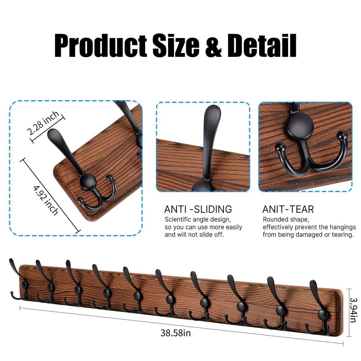 Kruodop Large Coat Rack Wall Mount Coat Hooks Coat Hanger with 10 Metal Black Triple- Hooks Brown Pine Real Wood Plank Hat Rack for Wall Hooks for Hanging Coat Hat Jacket Kruodop