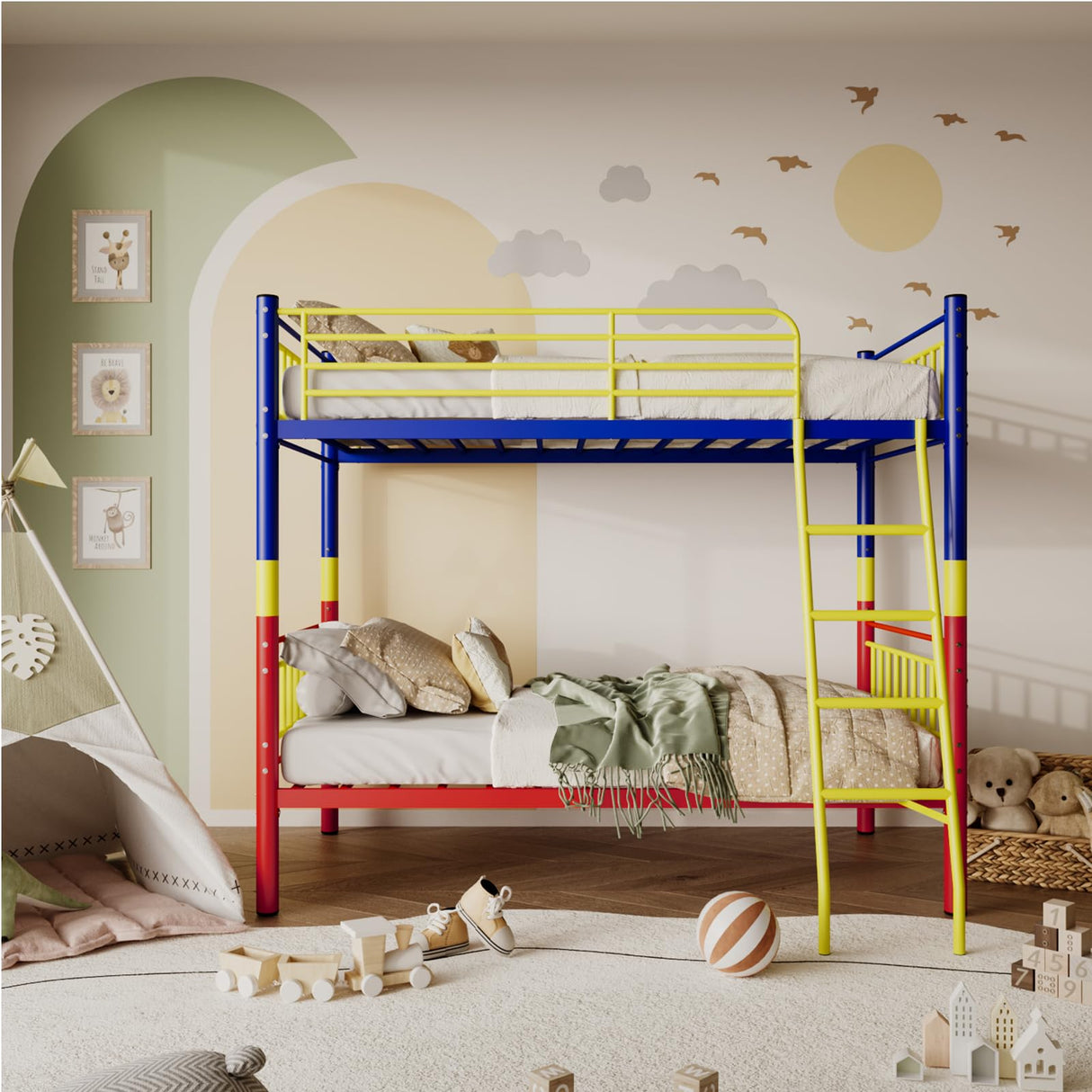KAIFAM Bunk Bed Twin Over Twin, Metal Twin Bed Frames, Twin Over Full Bunk Bed with Safety Guardrail and Ladder, Trundle Bed Twin, No Box Spring Needed, Noise Free for Bedroom (Color) KAIFAM