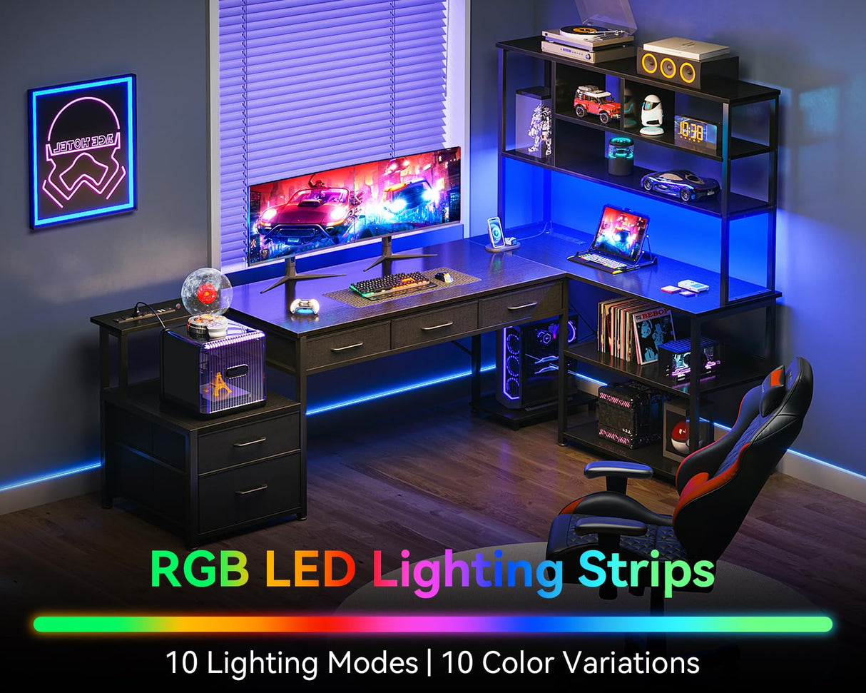 AODK 79 inch L Shaped Desk with File Drawers, Reversible L Shaped Gaming Desk with Power Outlets & LED Lights, Computer Desk with Storage Shelves for Home Office, Black AODK