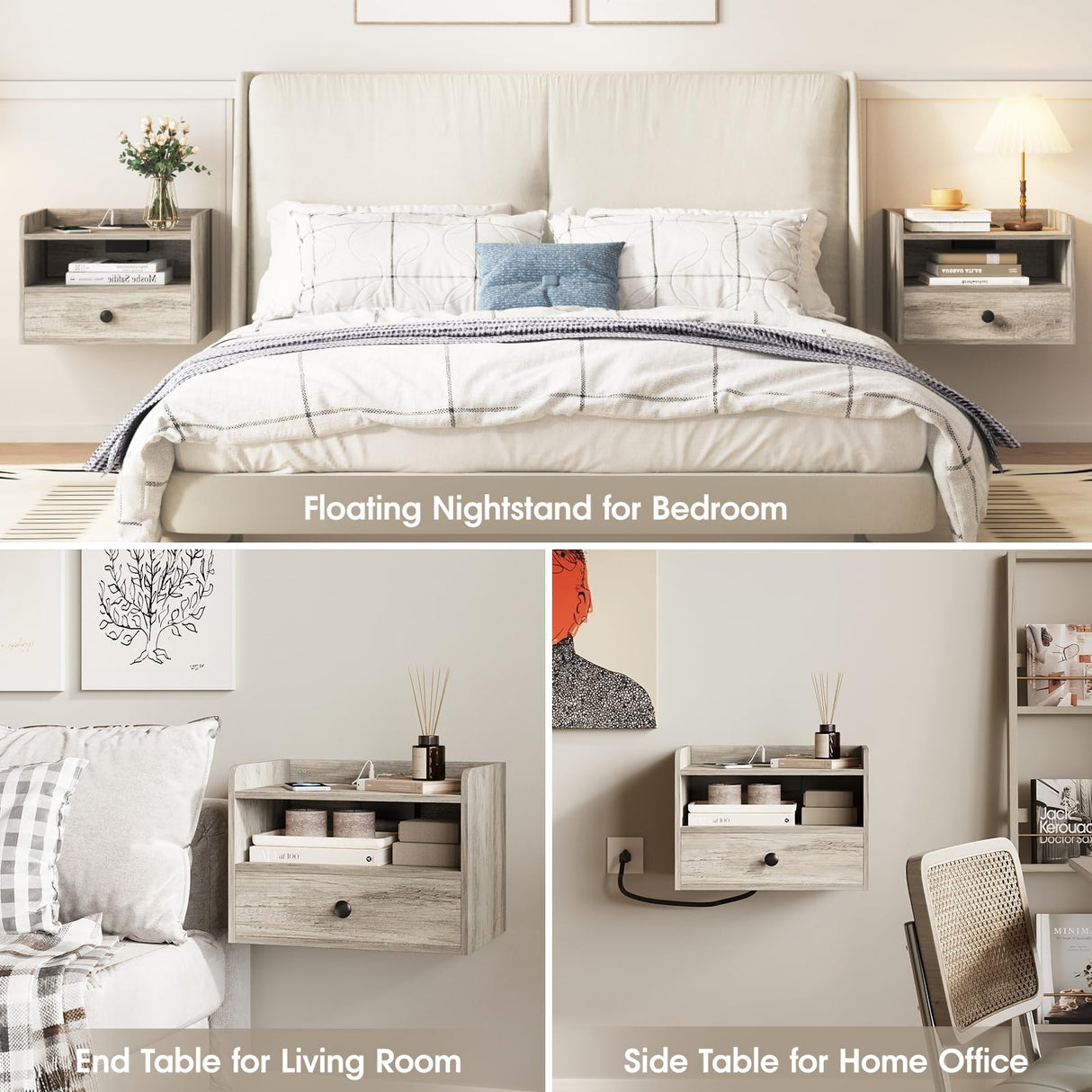 Grey Floating Nightstand Set of 2 with Charging Station and Drawer Small Bedside End Table with Outlet Modern Floating Night Stand for Bedroom Wood Wall Mounted Nightstands Set 2 Grey HOSEOKA