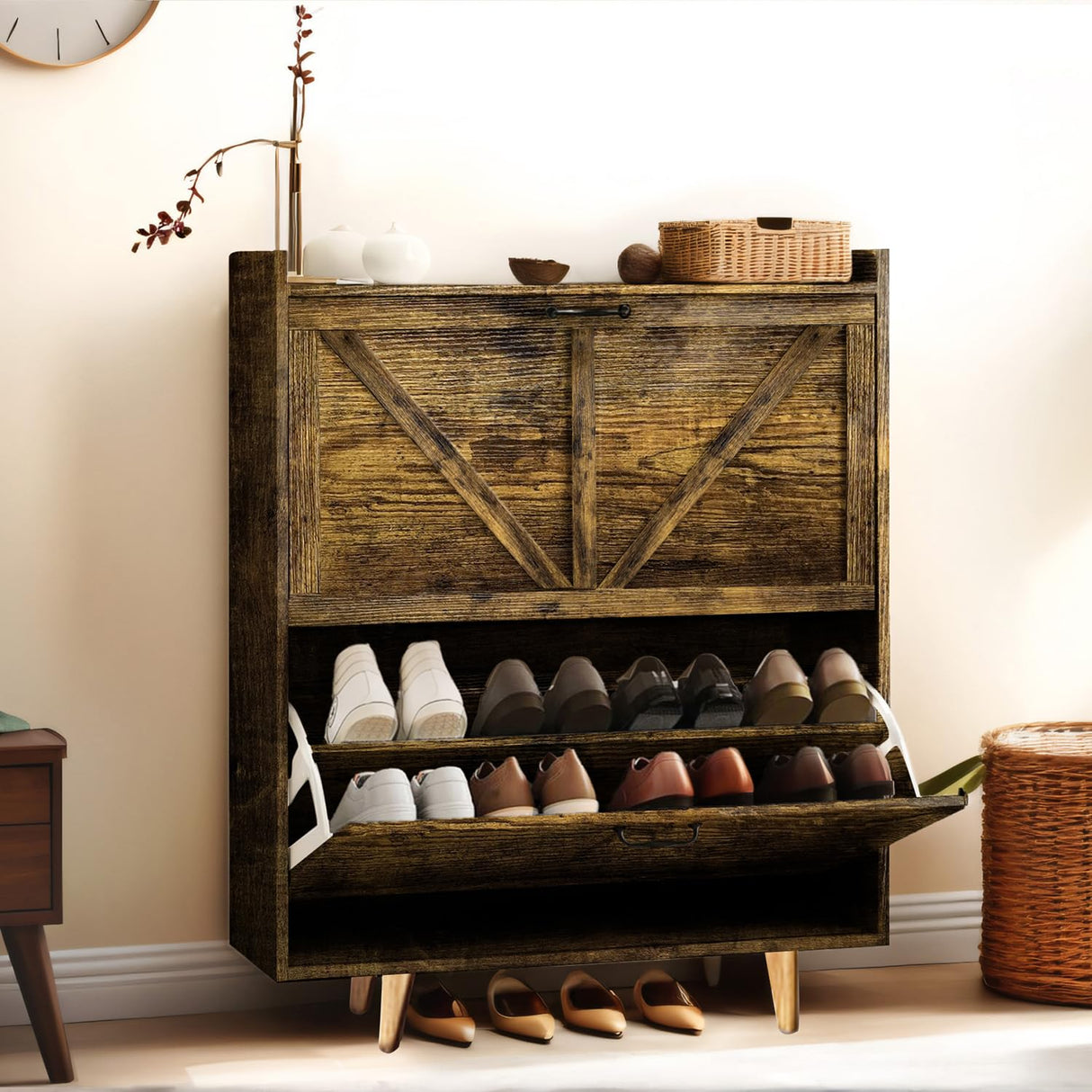 JOKOLO Shoe Cabinet Storage,Farmhouse Freestanding Organizer with 2 Flip Drawers and 4 Wooden feet,Narrow Shoe Rack Cabinet for Entryway,Rustic Brown JOKOLO