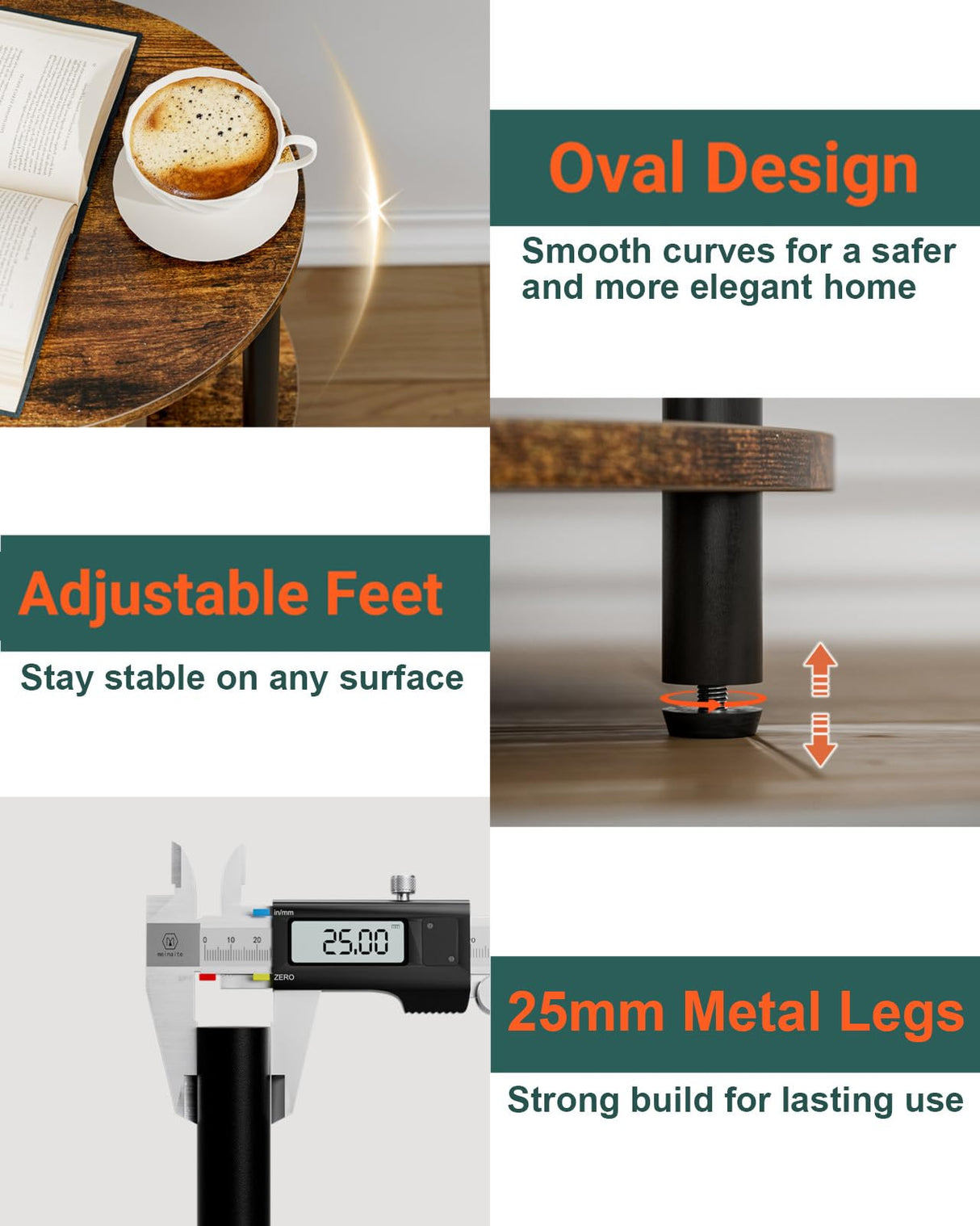 RISWER Small Round Side Table - 3-Tier Oval Accent Table for Small Spaces, Rustic Wood and Metal Couch End Table, Nightstand for Bedroom or End Table Living Room, Easy to Assemble, Rustic Brown RISWER