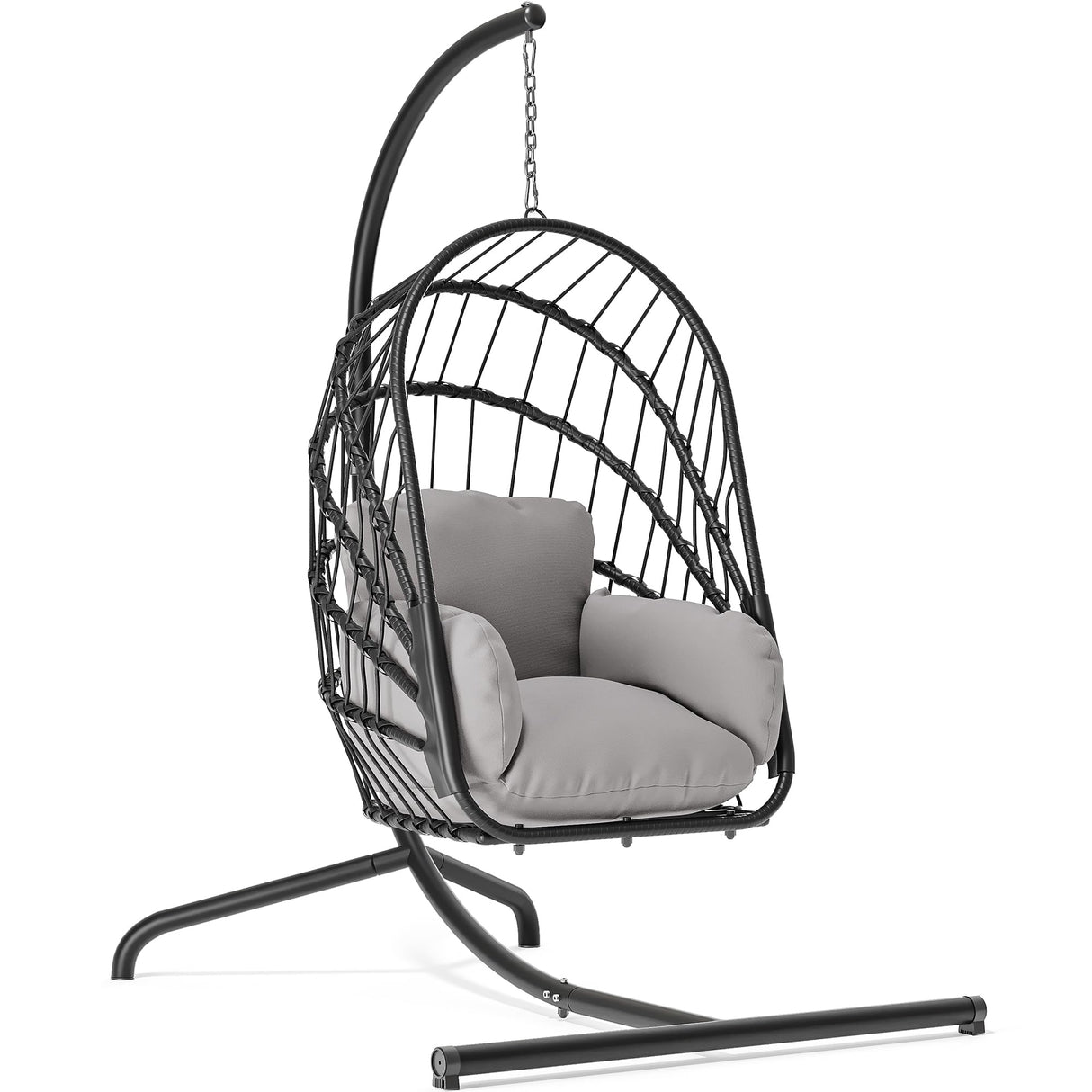 YITAHOME Hanging Egg Chair with Stand, Rattan Wicker Swing Egg Chair with Resistant Cushion, 300lbs Capacity, Foldable Hanging Basket Chair for Porch, Garden, Bedroom, Balcony - Grey YITAHOME