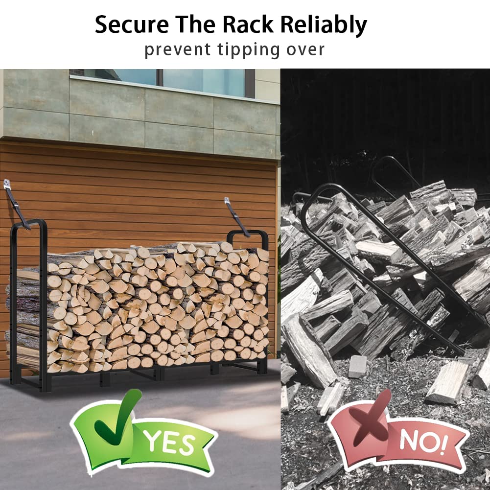 Artibear 8ft Outdoor Firewood Rack, Upgraded Heavy Duty Logs Stand Stacker Holder for Fireplace - Metal Lumber Storage Carrier Organizer, Bright Black Artibear