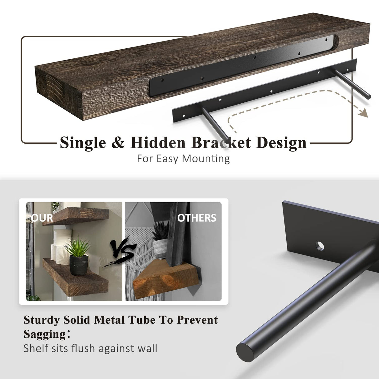 SAUCE ZHAN Floating Shelves 24 inch Rustic Natural Wood Wall Shelf Set of 2 Open Shelving Farmhouse Live Edge Light Wooden Wall Mounted Decor for Bathroom, Living Room, Bedroom, Kitchen, Dark Brown SAUCE ZHAN