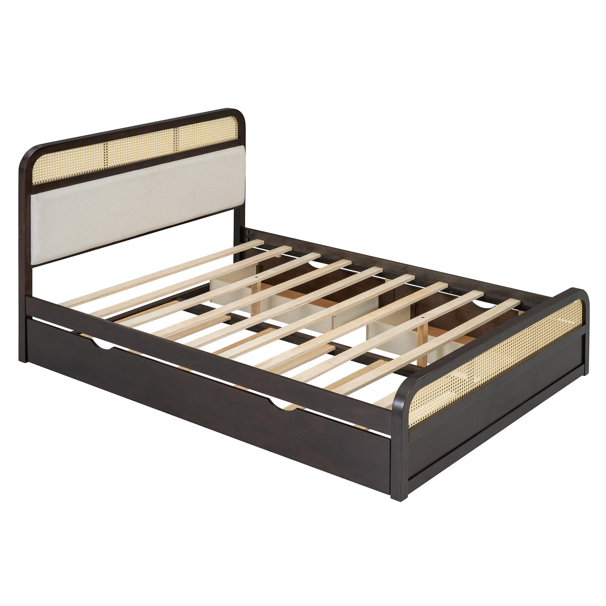 Ball & Cast Queen Wooden Platform Bed with Pull Out Trundle & Storage Drawers,Classic Bedframe W/Luxurious Padding Headboard,Rattan Accent,Modern Furniture for Bedroom Guest Room Apartment,Espresso Ball & Cast