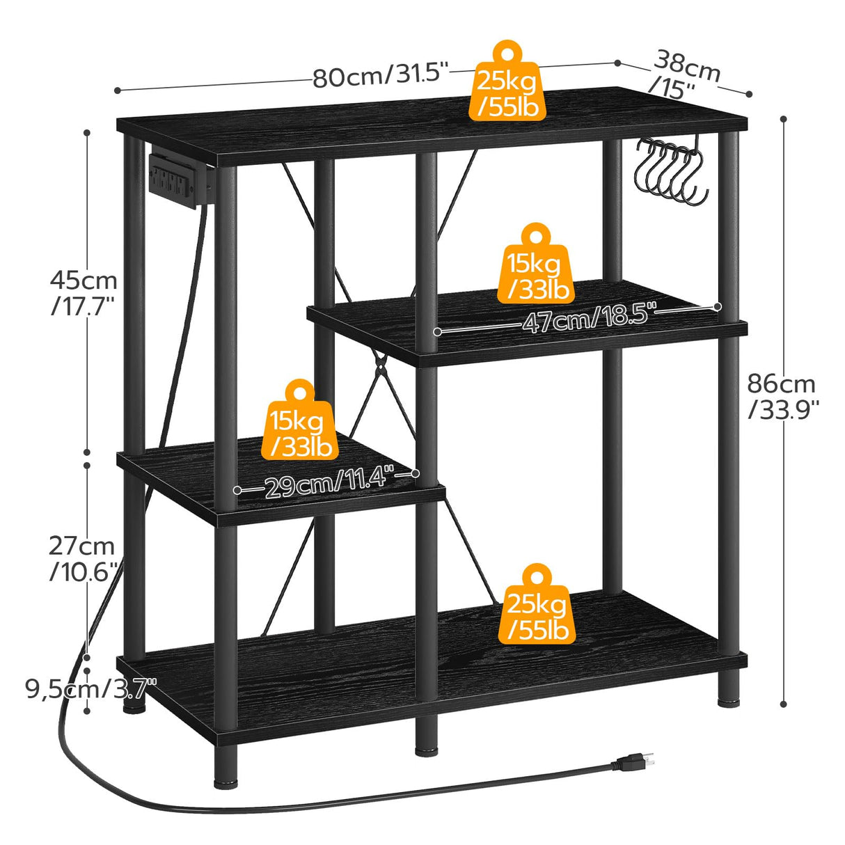 HOOBRO Bakers Rack with Power Outlet, Microwave Stand with 5 S-Shaped Hooks, Coffee Bar, Kitchen Storage Shelf, for Kitchen, Living Room, Black BB07UHB01 HOOBRO