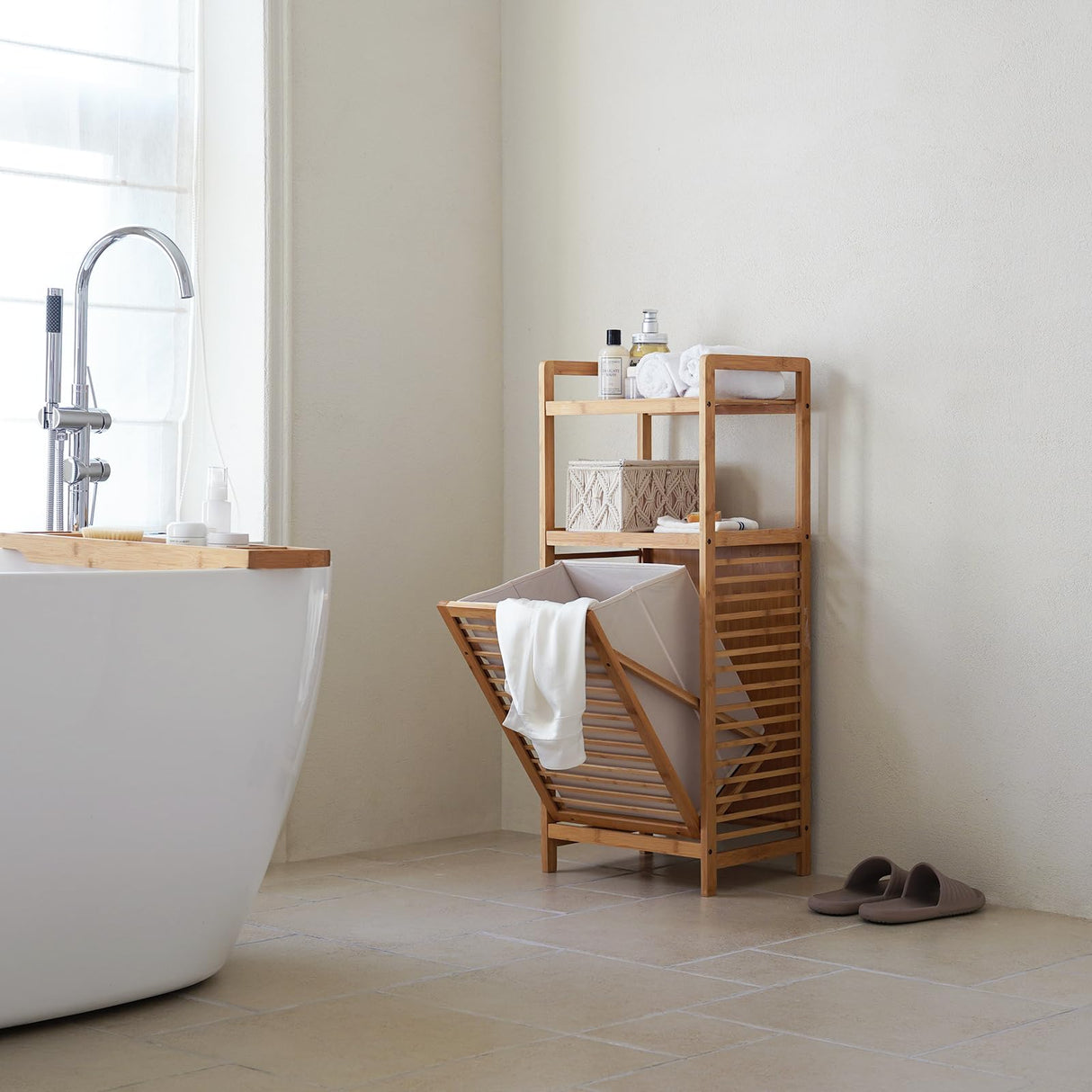 Baveke Laundry Hamper with 2-Tier Shelves & Tilt Out Basket, Laundry Baskets Organizer Hampers Bathroom Storage Shelf for Laundry Room, Bathroom, Nursery, Bedroom (Small - 15.75 in) Baveke