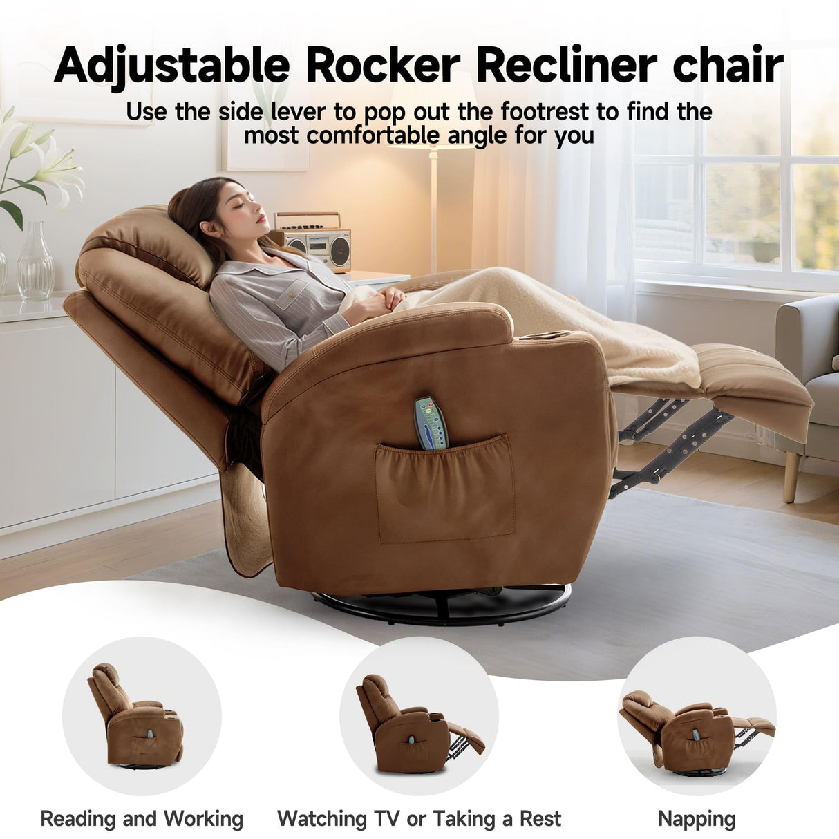 Korser Recliner Chair, Rocking Chair with Massage and Heat, 360° Swivel Recliner Chairs for Adults, Rocker Manual Recliner with Remote Control and Cup Holder for Living Room, Bedroom, Nursery Korser