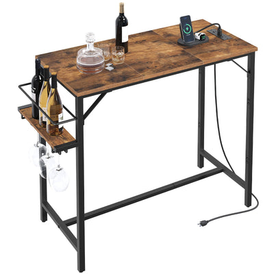 MAHANCRIS Bar Table, 35.4-Inch Counter Height Pub Table with Charging Station, Rectangular Dining Table with Wine Rack and Glass Holder, High Top Cocktail Tables, for Kitchen, Rustic Brown BTHR90E01